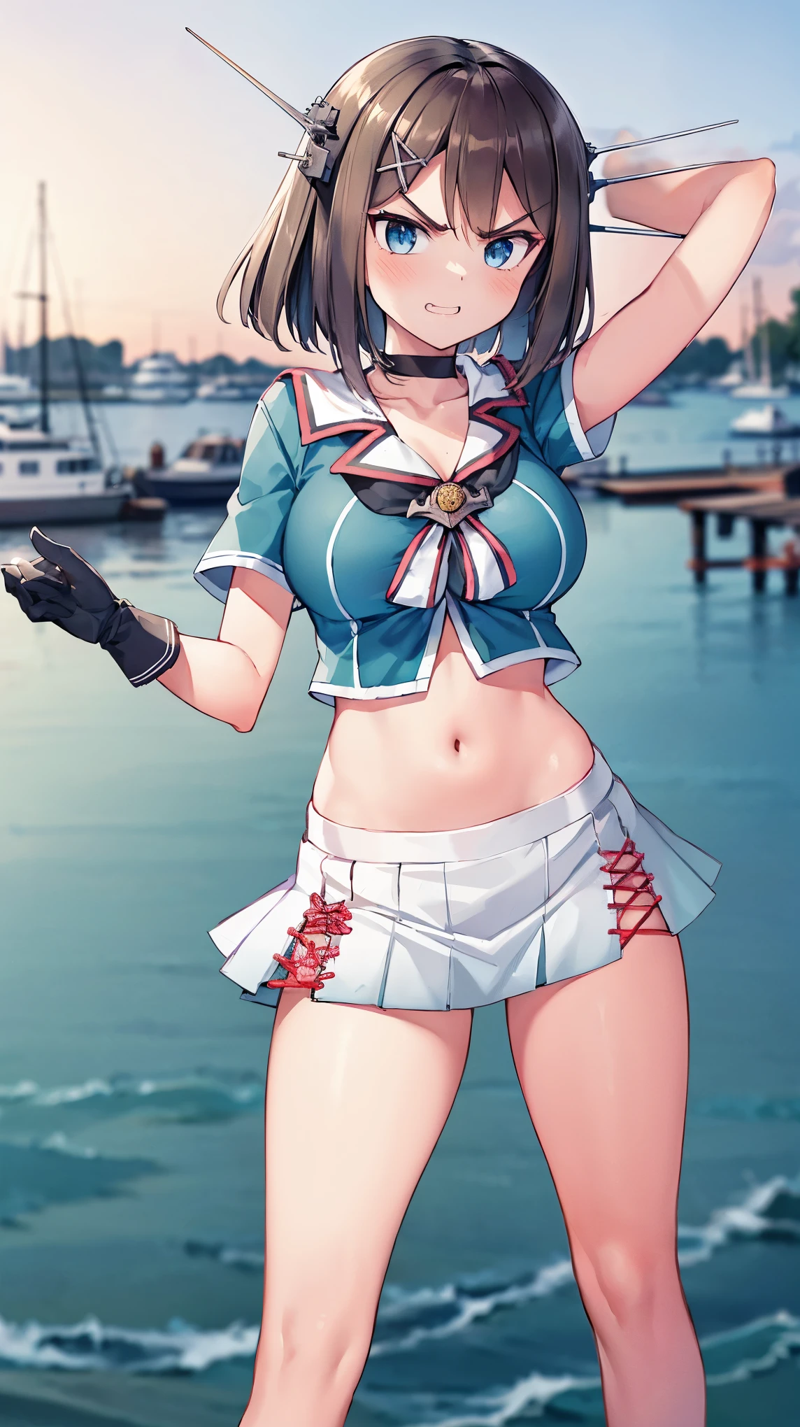 best quality, integrated scenery, integrated background, extremely delicate and beautiful, meticulous details, good composition, , cute face, perfect face, perfect hands,an anime style  ,1young_teen_ girl, brown_hair, medium_bob_hair, blue_midriff_baring_sailor_uniform, mini_skirt, short_sleeve, thighs, large_breasts, (angry_eyebrows:0.86,big_smile,standing,open_legs,large_eyes, harbor_background, slightly_spread_legs, happiness, short_gloves,headgear,