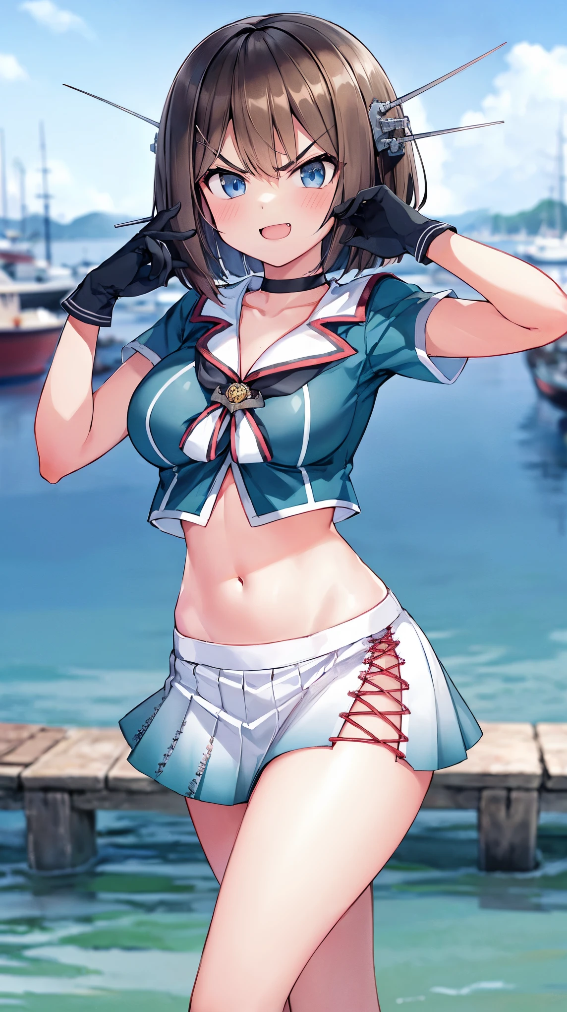 best quality, integrated scenery, integrated background, extremely delicate and beautiful, meticulous details, good composition, , cute face, perfect face, perfect hands,an anime style  ,1young_teen_ girl, brown_hair, medium_bob_hair, blue_midriff_baring_sailor_uniform, mini_skirt, short_sleeve, thighs, large_breasts, (angry_eyebrows:0.86,big_smile,standing,open_legs,large_eyes, harbor_background, slightly_spread_legs, happiness, short_gloves,headgear,