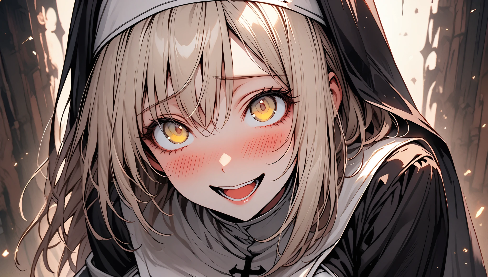solo, female, tall, close up, nun habit, armor, knight, armor corset, thigh boots, yandere, huge breasts, short straight hair, platinum blonde, light yellow eyes, smile, cute hair bow, undressing, blush, excited, open clothes, looking up, looking at viewer, pauldron, barbarian