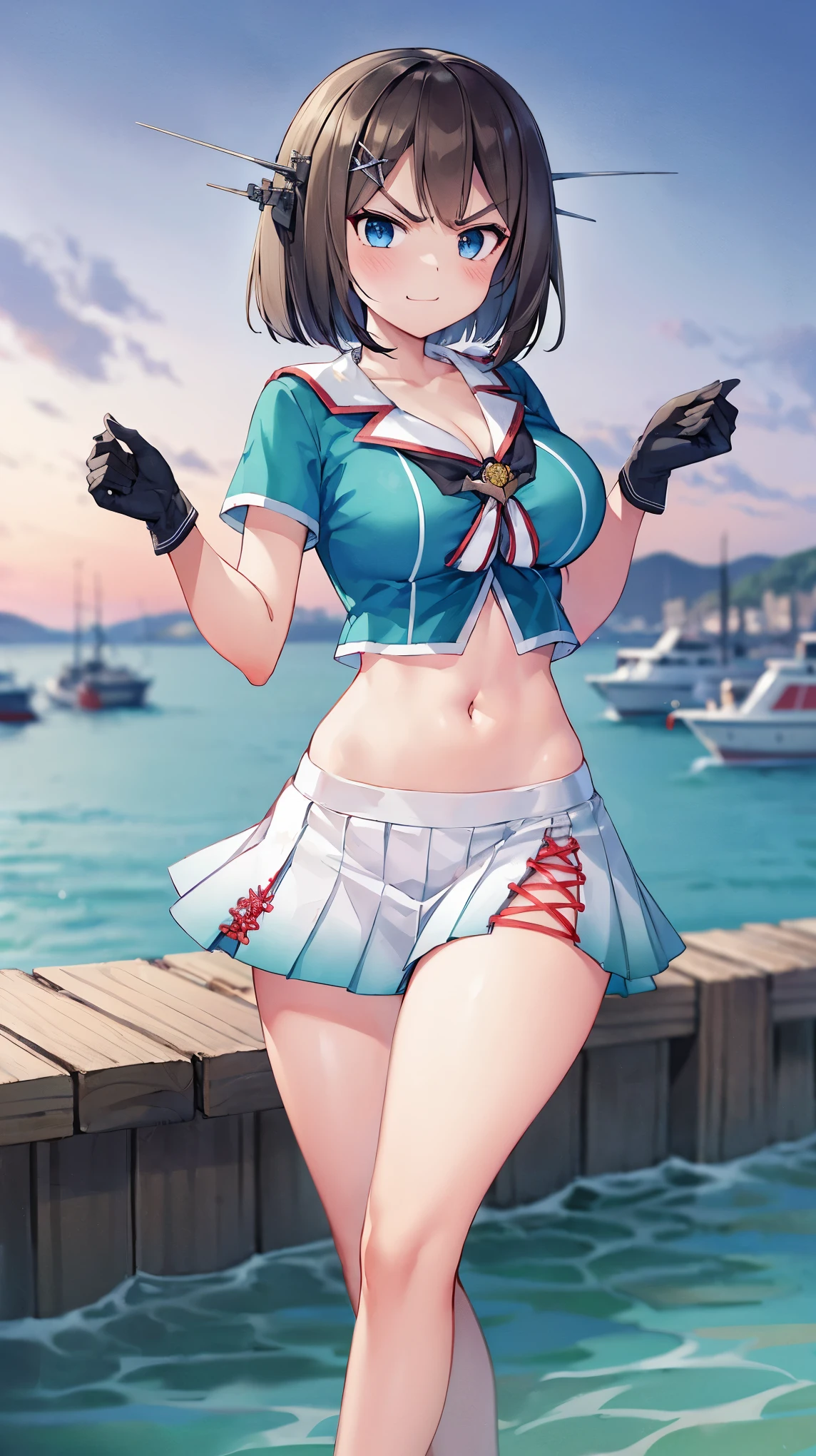 best quality, integrated scenery, integrated background, extremely delicate and beautiful, meticulous details, good composition, , cute face, perfect face, perfect hands,an anime style  ,1young_teen_ girl, brown_hair, medium_bob_hair, blue_midriff_baring_sailor_uniform, mini_skirt, short_sleeve, thighs, large_breasts, (angry_eyebrows:0.86,big_smile,standing,open_legs,large_eyes, harbor_background, slightly_spread_legs, happiness, short_gloves,headgear,(abs:0.6)