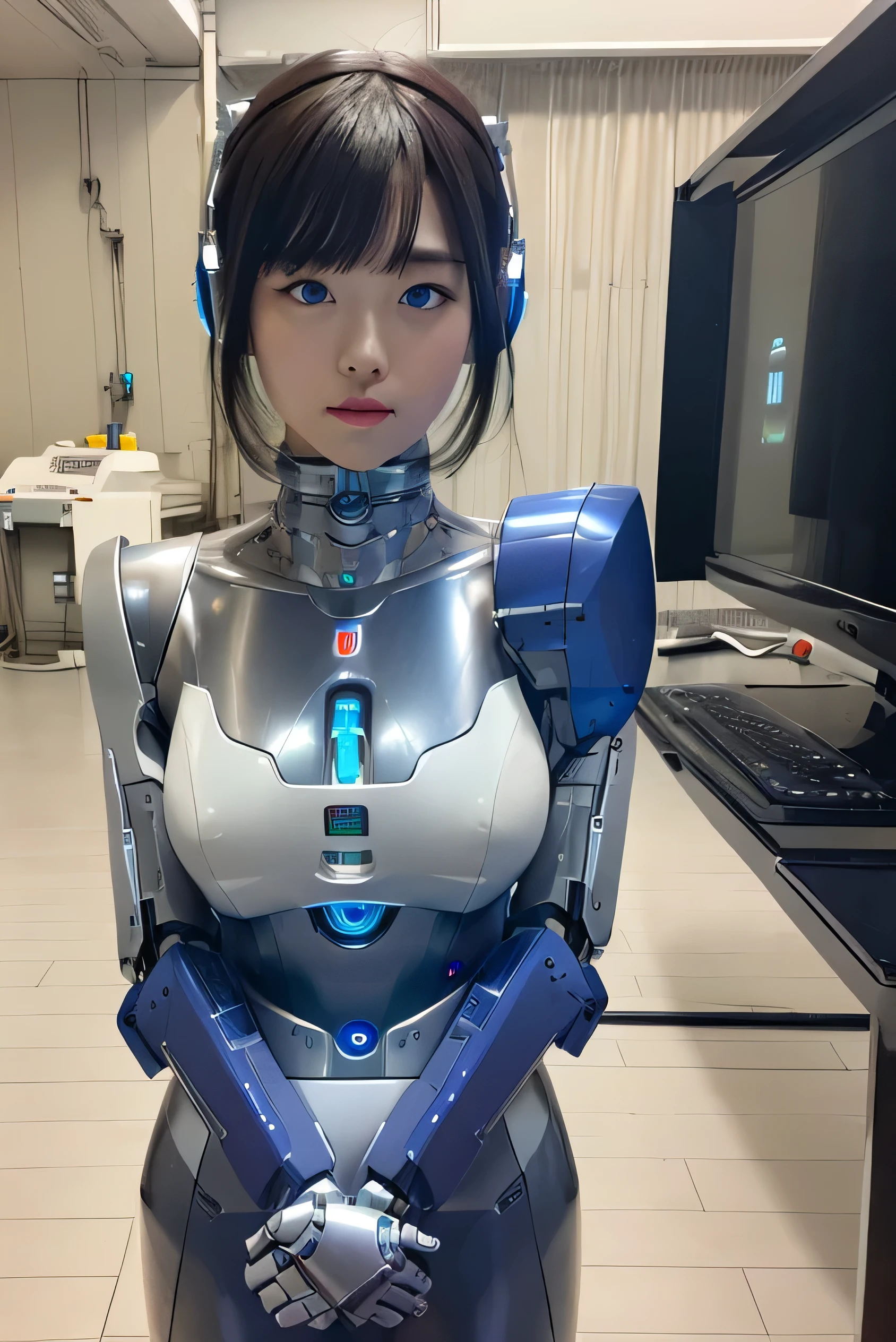 masterpiece, best quality, extremely detailed, Japaese android girl,Plump ,control panels,android,Droid,Mechanical Hand, Robot arms and legs,Blunt bangs,perfect robot girl,long tube,thick cable connected her neck,android,robot,humanoid,cyborg,japanese cyborg girl ,robot-assembly plant,She has assembled now,assembly scene,chest monitor,blue eyes