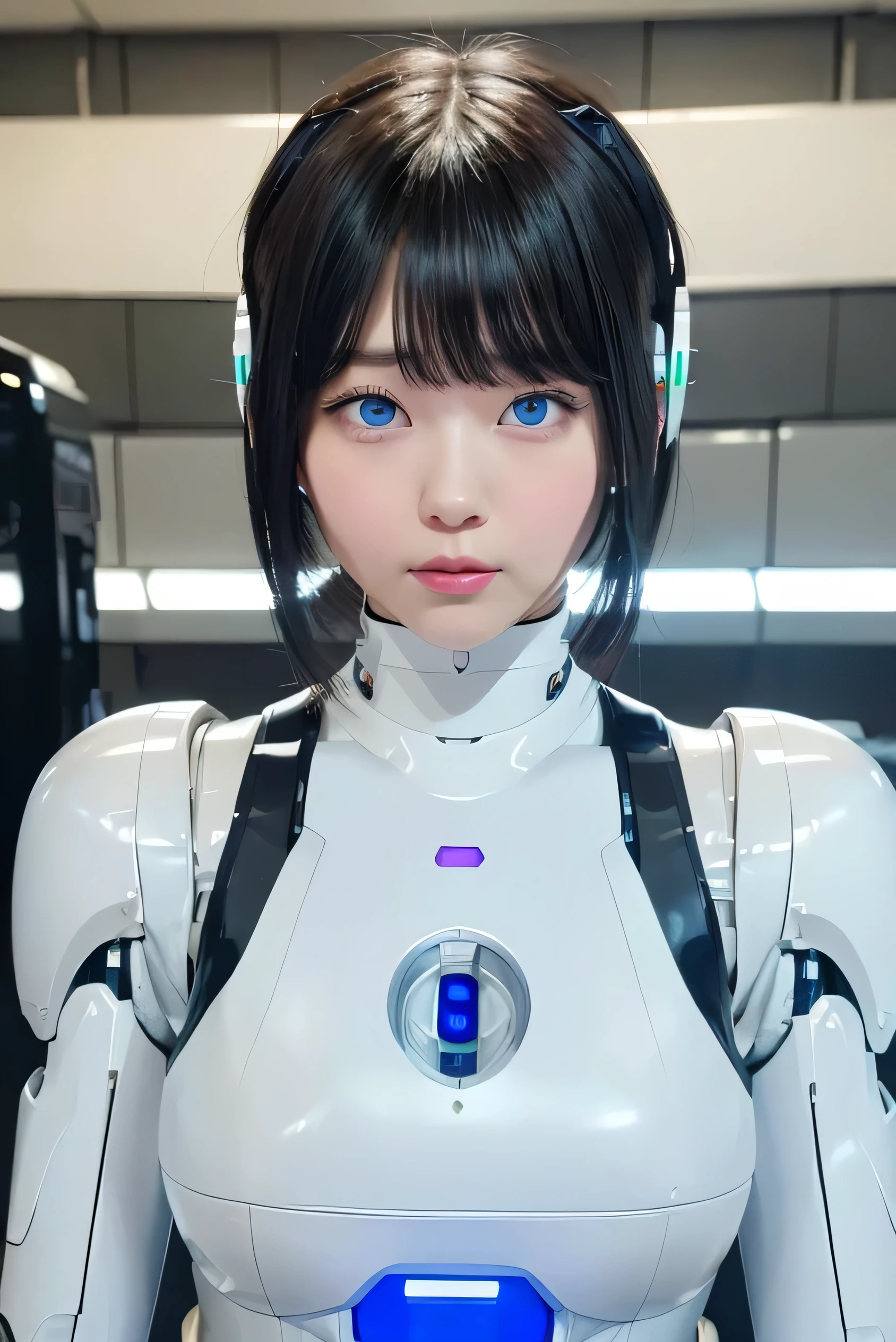 masterpiece, best quality, extremely detailed,Japaese android girl,Plump,a bit chubby,control panels,android,Droid,Mechanical Hand, ,Robot arms and legs, Black hair,Mechanical body,Blunt bangs,White Robotics Parts,perfect robot woman,Charging spot,Long Tube,A thick cable was connected to her neck,perfect mechanical body,white robotics body,future assembly plant,white body,She has repaired,black sponge joints,android assembly plant,android,laboratory,perfect machine body,white robot body,blue eyes