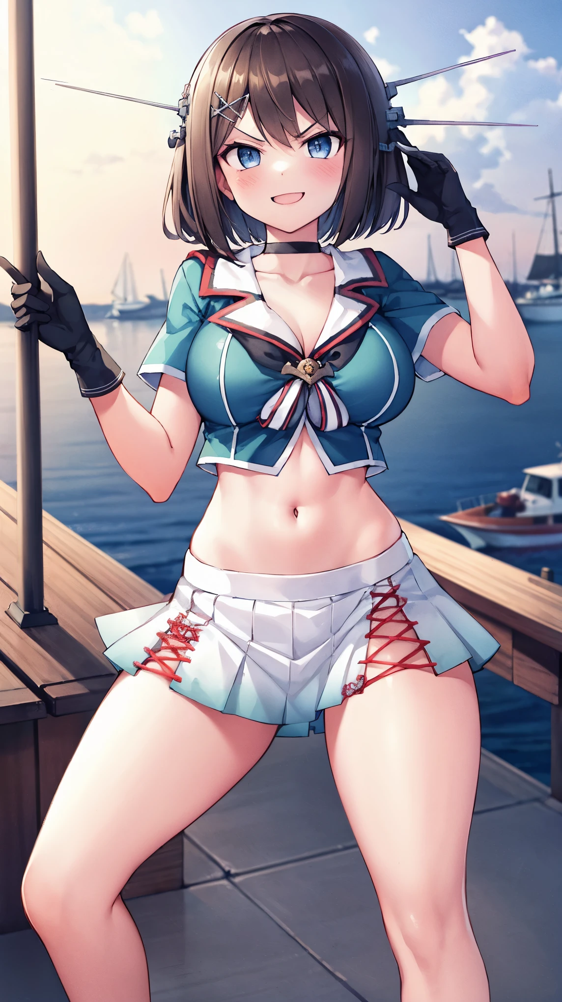 best quality, integrated scenery, integrated background, extremely delicate and beautiful, meticulous details, good composition, , cute face, perfect face, perfect hands,an anime style  ,1young_teen_ girl, brown_hair, medium_bob_hair, blue_midriff_baring_sailor_uniform, mini_skirt, short_sleeve, thighs, large_breasts, (angry_eyebrows:0.8),big_smile,standing,open_legs,large_eyes, harbor_background, slightly_spread_legs, happiness, short_gloves,headgear,(abs:0.7)