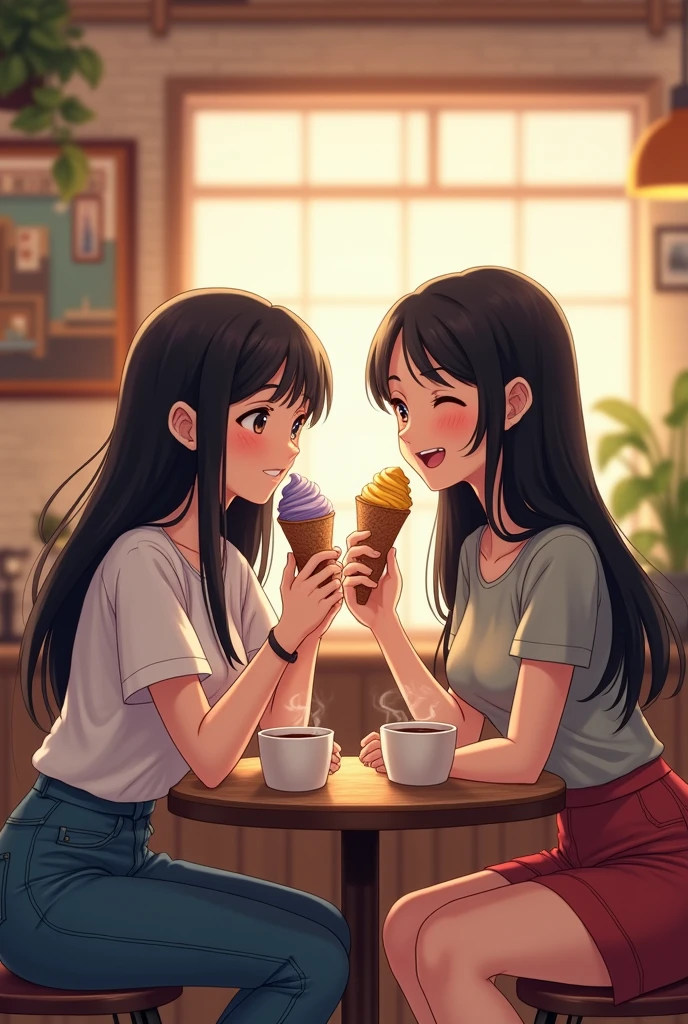 (2girls),((Yuri))),((Eye contact))),(Looking at each other),Eating ice cream,Sticking out your tongue,Sitting,(Best Quality), ((Masterpiece)), (Hi-Res), Castle,Perfect mature female body, Slim thin body,Original, Medium breasts,Highly detailed 8K wallpaper, sweat,Wet hair,(Very delicate and beautiful),Contour deepening, Photorealistic, precise geometry, intricate details, eating one ice cream