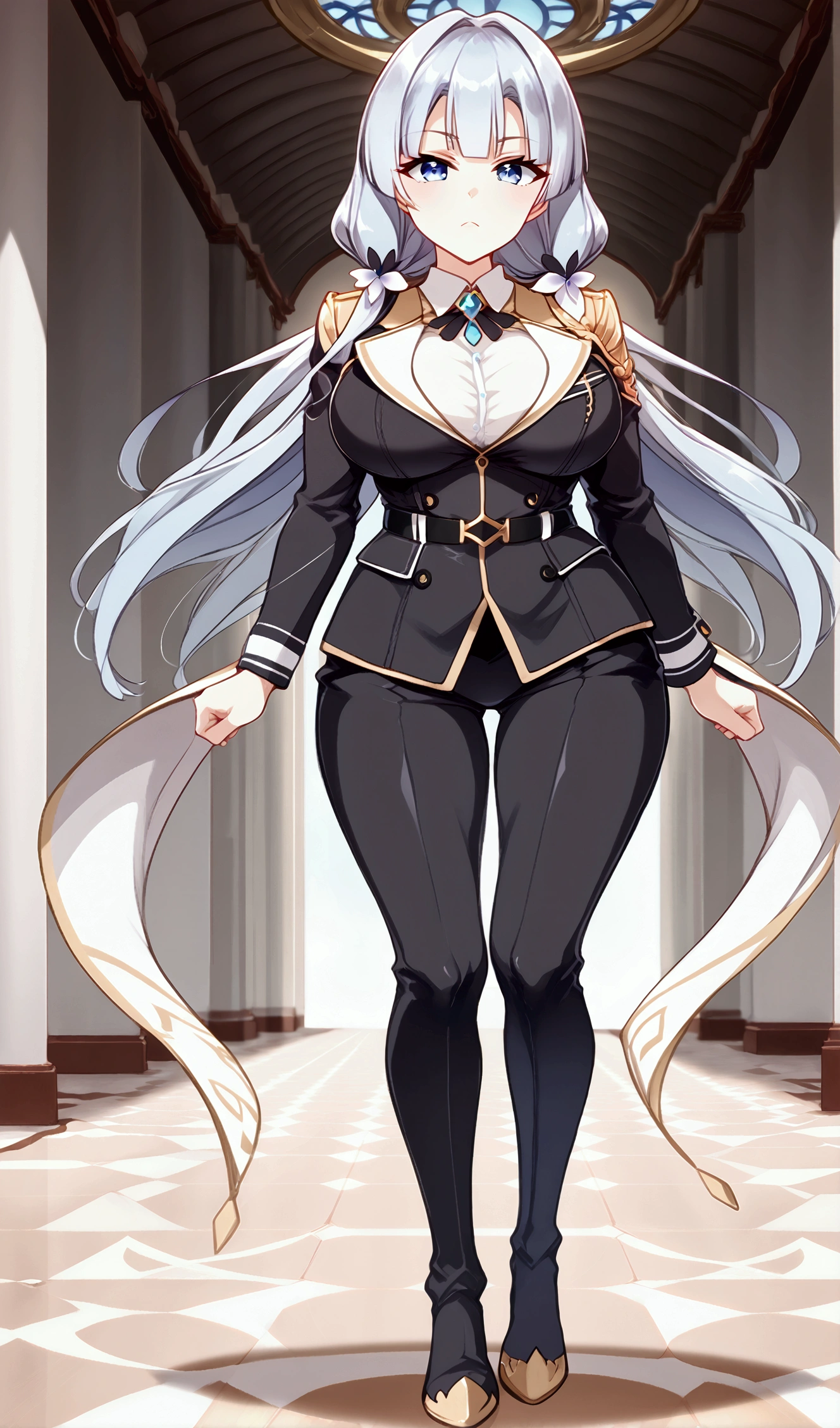 A grown woman with a voluptuous body, Aphrodite stands confidently, arms crossed and legs at attention. She wears a military-style uniform with precise detailing: a fitted, high-collared jacket that extends just below her waist, secured with a belt with a square buckle. The jacket has long sleeves and visible stitching lines on the shoulders, and is buttoned with an emblem pinned to her chest. She wears matching fitted pants that flare slightly near her calves, tucked into knee-high boots with thick soles. The pants are to have pleats along the legs for a structured look and belt loops around the waist. Her long, light blue hair is styled elegantly and voluminously, with a lock covering part of her face. Her expression is serious and authoritative, but with a hint of seduction in her eyes. The background is a simple, lightly detailed palace hallway, ensuring the focus remains on her and her uniform. The image is rendered in a clear and vibrant 2D anime style, capturing the smooth and detailed strokes typical of official anime art. Full-body shot, standing pose, with no additional accessories other than those on the uniform. Colored, anime-style image. Black uniform, Pants should have pleats along the legs for a structured look and belt loops around the waist.
