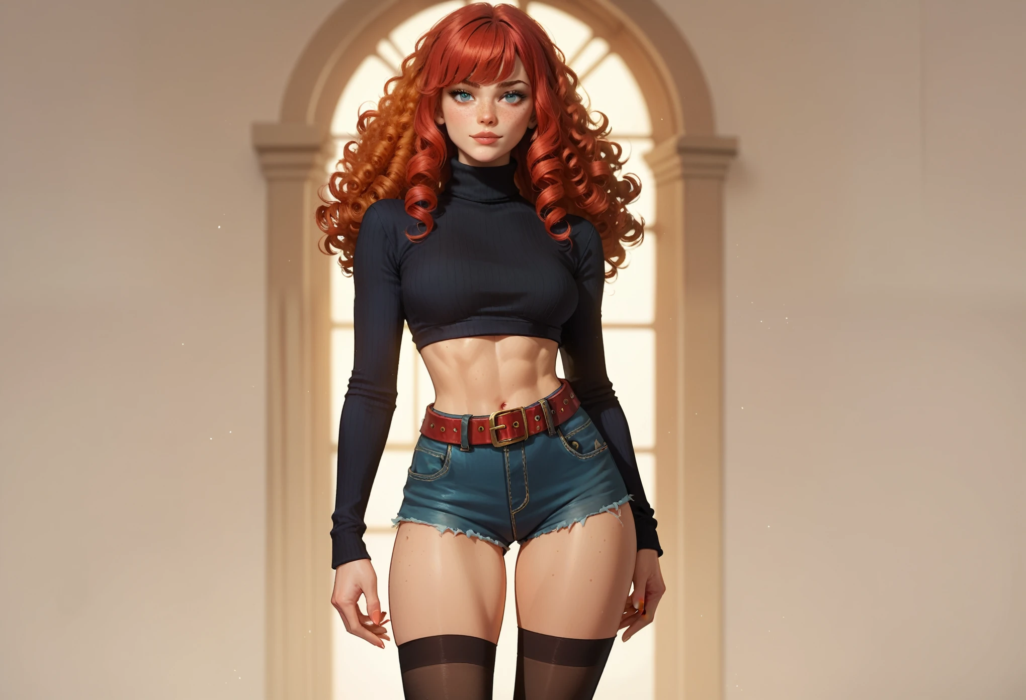 A red-haired girl with freckles, curly hair and bangs, wearing a turtleneck crop top,  black stockings and a belt.