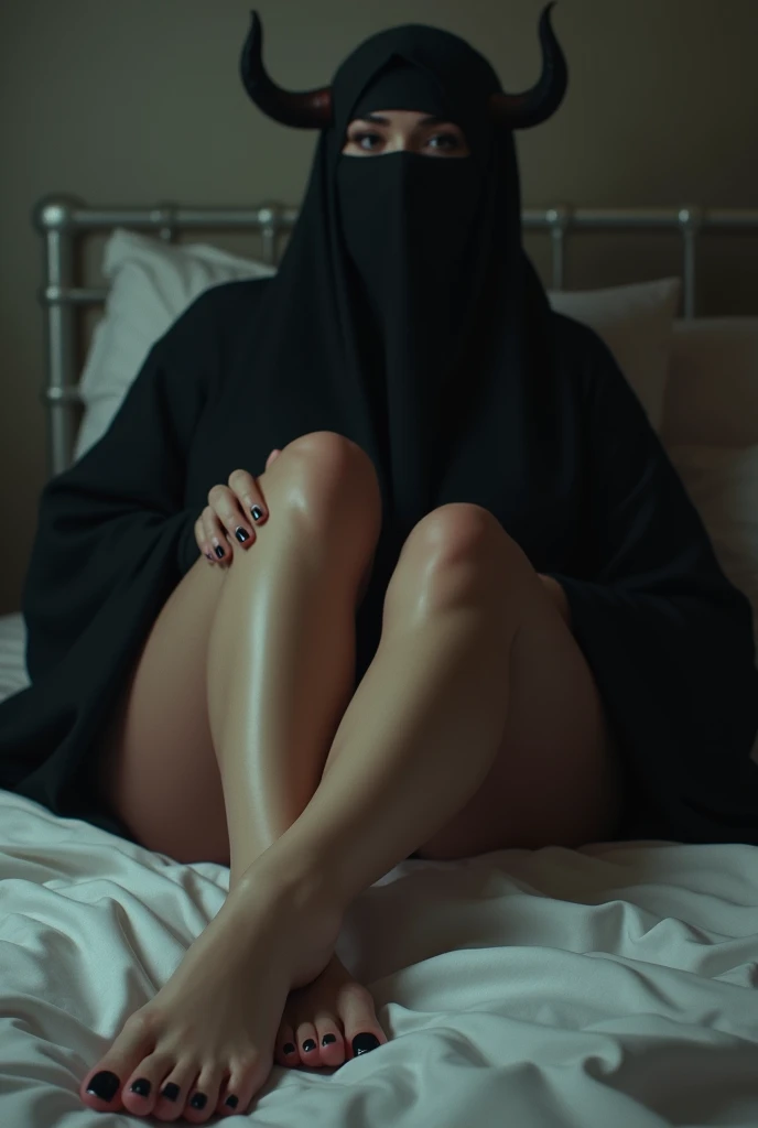 a beautiful young woman hijab, (((super big breast))), (very big breast covered) perfect face, (((very huge big breast,))), ((( Big Breast))) long revealing dress muslim, (((covering mouth, long veil))), Slim Face、30 years old, still young, Pretty Lady, smile eyes, sleep in bedroom, sit while open legs, wearing high heels (big breast covered) , full body picture