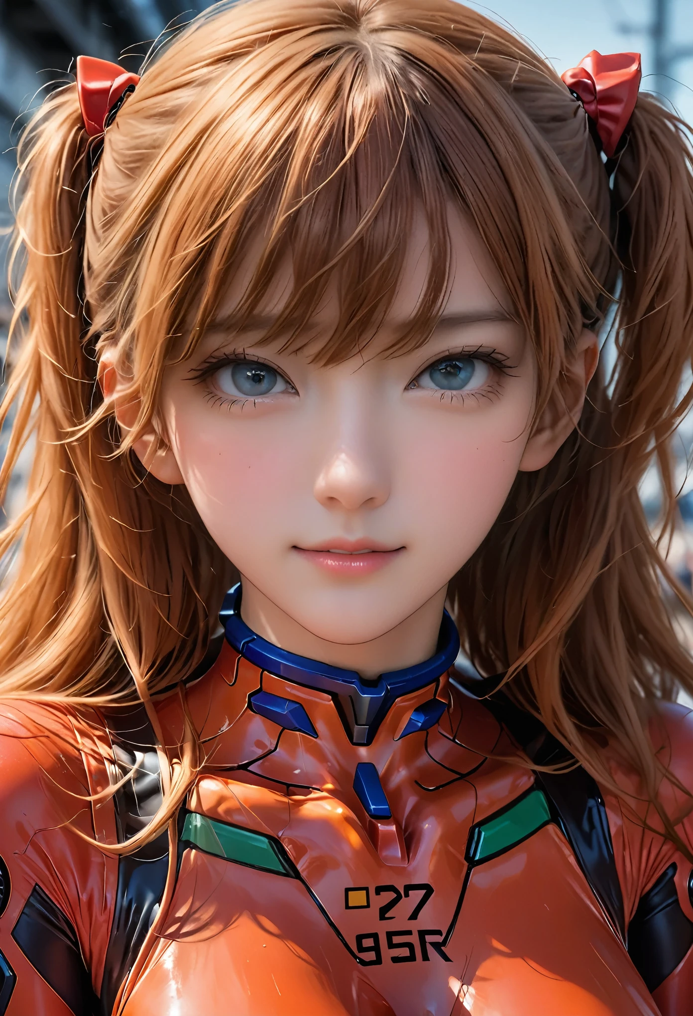 masterpiece, ((Very detailed background, Delicate pattern, Intricate details)), (Very detailed, Finer details), Highest quality, Beautiful lighting, ((Center of chest, Slim girl)), (High resolution:1.5),(practical:1.5),(reality:1.5), Not anime, 8k, realistic, High resolution, Clear photos, whole body, Head-to-foot image, Souryuu_Asuka_Langley, ((Bodysuits, red)), One Girl, (Interface headset, red), light brown Hair, Long Hair, Hair between the eyes, Blue eyes, smile, (Complex and detailed background, urban city, Buildings, outside, Modern environment)