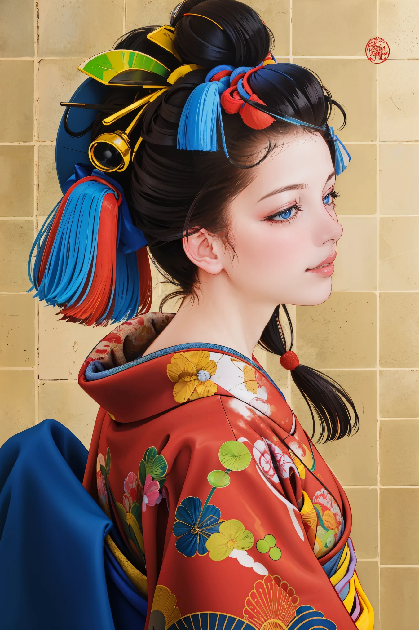 nsfw,
1 girl, Alone, is staring at the viewer, smile, blue eyes, Black Hair,  hair accessories,  upper body, kimono, kimono, From the side, lips, Compensate, Tassel, rope, Eyeshadow, red kimono, shimenawa, hairpin,