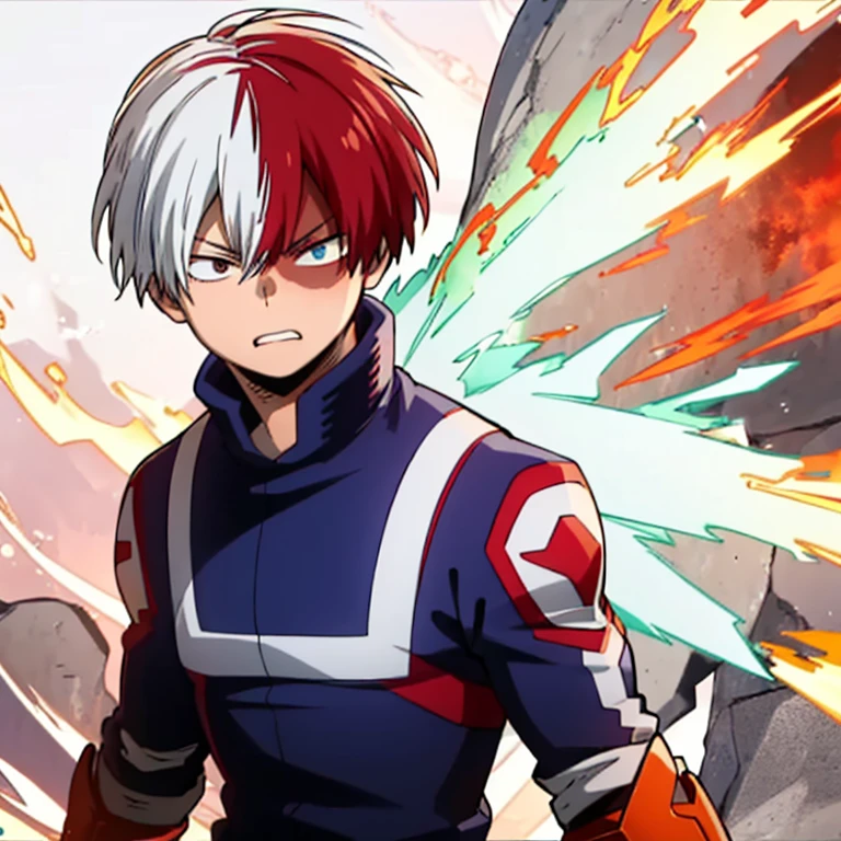 Shoto Todoroki, in a dynamic action pose, mid-battle, shouting with fierce intensity, his body split between fire and ice powers, his left side engulfed in bright, roaring flames, with embers flying off, and his right side radiating a chilling cold, ice crystals forming and spreading around him, dual-colored hair with vibrant red on the left and stark white on the right, scar over his left eye, heterochromatic eyes with his left eye being light gray and his right eye a piercing turquoise, his expression intense and focused, wearing his blue hero suit with white armor-like highlights and a utility belt equipped with various hero tools, flames violently swirling and expanding from his left arm, while sharp, jagged ice shards erupt from his right, his surroundings reacting dramatically with the air distorting from the heat on one side and frost covering the ground on the other, the ground cracked beneath him from the intensity of his powers, dynamic lighting and shadows emphasizing the extreme contrast between the fiery heat and freezing cold, background slightly blurred with motion effects to convey the immense power and energy, with distant explosions and debris adding to the chaotic battle scene, the sky above split between fiery orange glow and icy blue frost, heightening the dramatic tension.