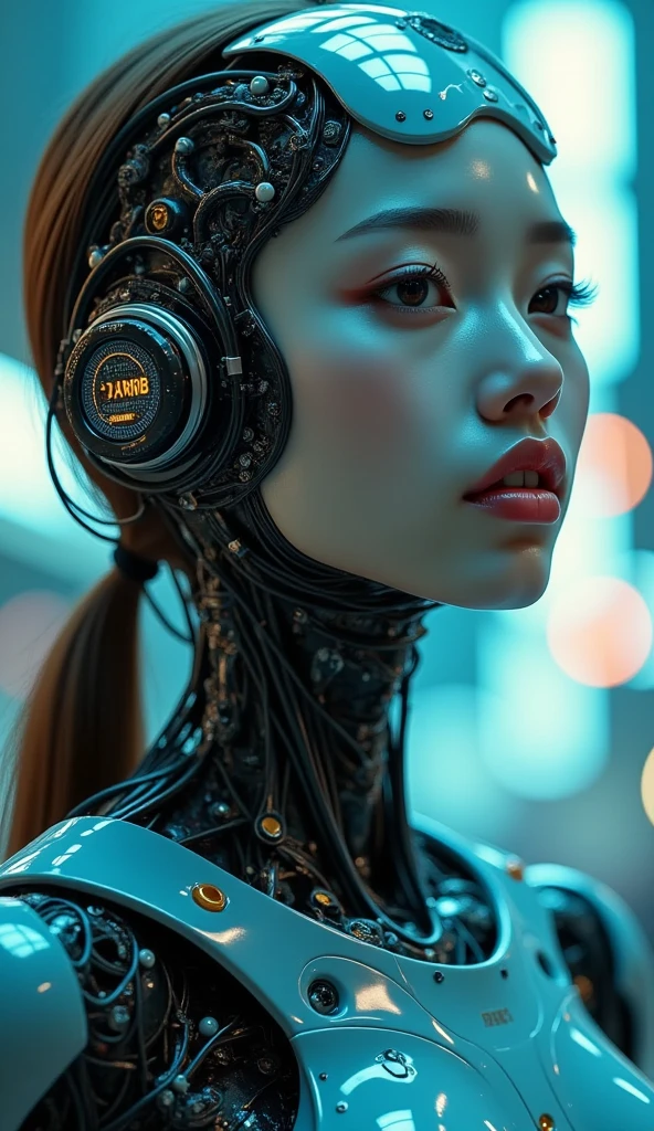 Perfect composition, Proper placement, Upper Body Shot, glowing skin, Sharp focus, A woman with numerous cables protruding from the side of her head:1.8, Semiconductor circuit built into the side of the head:1.8, Exquisite digital art, Complex Transhumanism, Exquisite digital artwork, Android Japanese Woman, Exquisite digital art, Chika Android Japanese Female, Cyborg Japanese Woman, Detailed portrait of a cyborg, Hydraulic tubes are attached to the joints, Futuristic Art, Exquisite digital art, Complex Android, Exquisite digital painting, Beautiful Android Pictures., Cyborg Japanese Woman, Brown Hair, Low Ponytail, Dynamic and emotional movie lighting, 