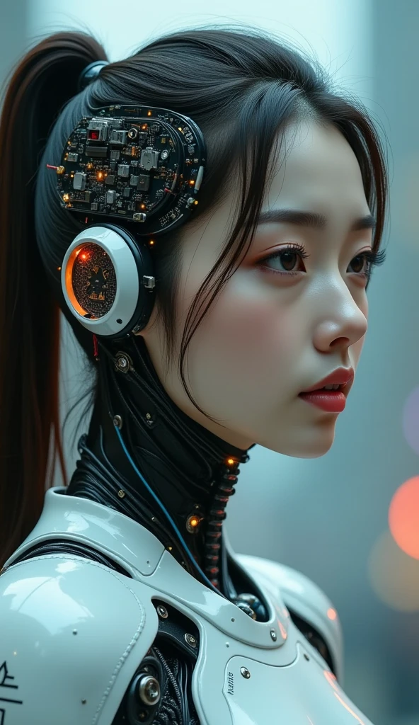 Perfect composition, Proper placement, Upper Body Shot, glowing skin, Sharp focus, A woman with numerous cables protruding from the side of her head:1.8, Semiconductor circuit built into the side of the head:1.8, Exquisite digital art, Complex Transhumanism, Exquisite digital artwork, Android Japanese Woman, Exquisite digital art, Chika Android Japanese Female, Cyborg Japanese Woman, Detailed portrait of a cyborg, Hydraulic tubes are attached to the joints, Futuristic Art, Exquisite digital art, Complex Android, Exquisite digital painting, Beautiful Android Pictures., Cyborg Japanese Woman, Brown Hair, Low Ponytail, Dynamic and emotional movie lighting, 