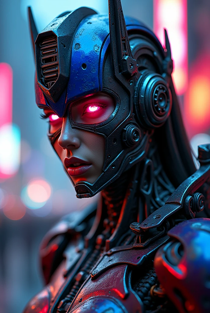 Female Optimus Prime, highly detailed portrait, cyberpunk, sci-fi, dramatic lighting, epic, 8k, hyper realistic, photorealistic, masterpiece, extremely detailed face and eyes, beautiful intricate metallic details, dramatic pose, moody atmosphere, neon city background, dynamic composition