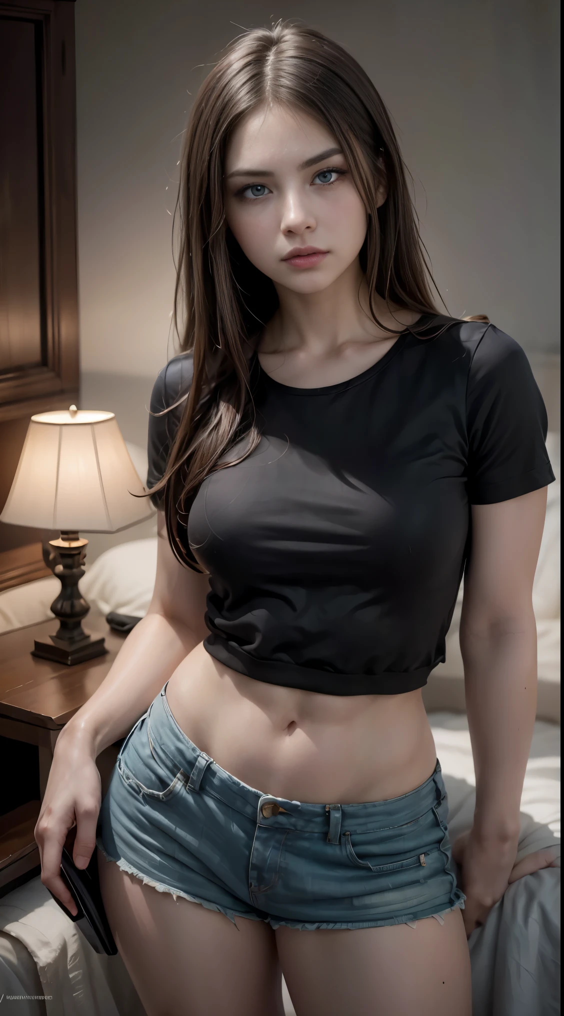 1girl, realstic, solo, (8k, best quality, masterpiece:1.2), best quality, 20years old, ((orgasm_face)), remote_play, remote_vibrator, twist, , full body, laxualy hotel sweet, perfect lighting, beautiful detailed eyes, nsfw, (put on a big_y_shirts), (sexy_panties),