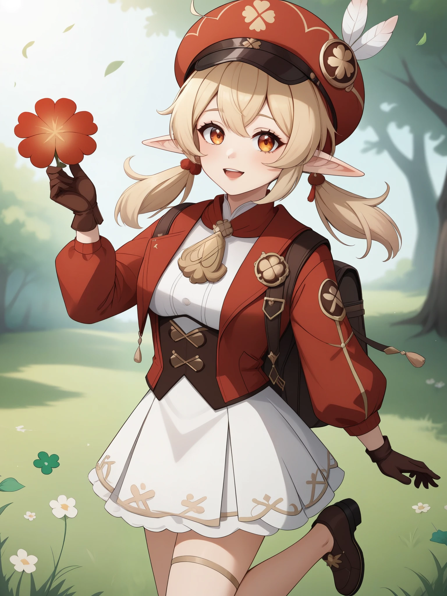 Klee. Genshin Impact. Age: she is . 
Appearance: pale skin, orange eyes, blonde hair in pigtails, and elf ears. 
Clothing: a red flat hat with a feather on top, light brown gloves, a fluffy scarf with a pompom, a dark reading backpack, a red coat with a black top and a white symbol on it - a golden clover, a white skirt, short fluffy trousers and brown shoes with clover.