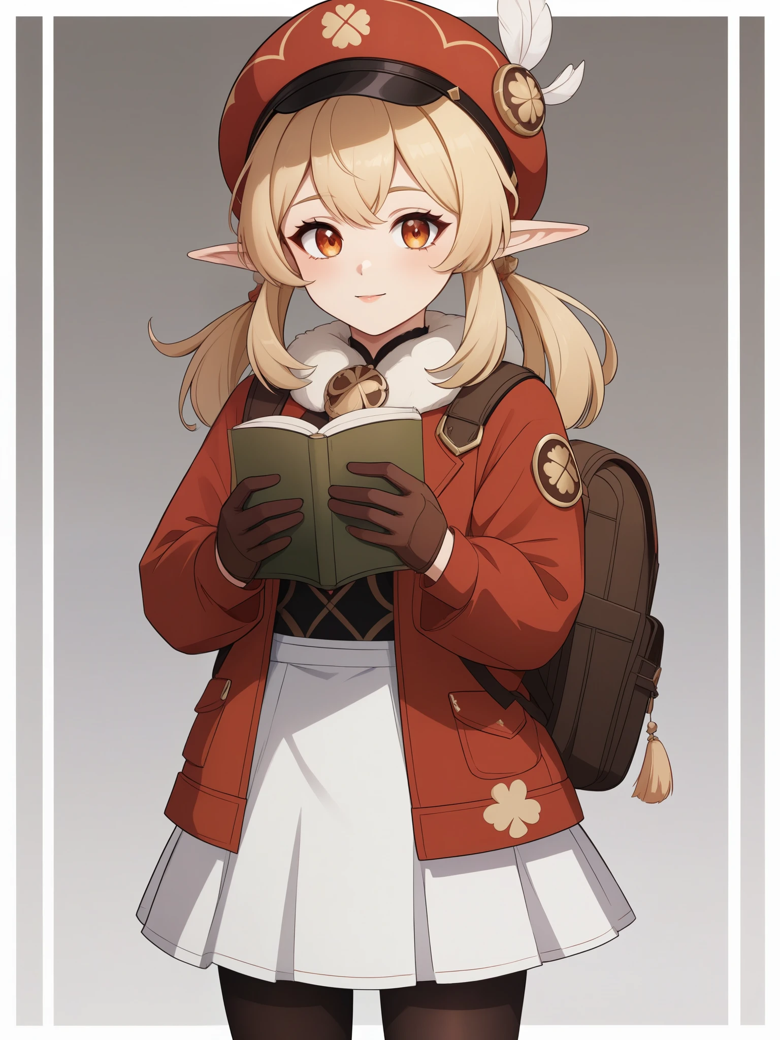 Klee. Genshin Impact. Age: she is ten years old. 
Appearance: pale skin, orange eyes, blonde hair in pigtails, and elf ears. 
Clothing: a red flat hat with a feather on top, light brown gloves, a fluffy scarf with a pompom, a dark reading backpack, a red coat with a black top and a white symbol on it - a golden clover, a white skirt, short fluffy trousers and brown shoes with clover.