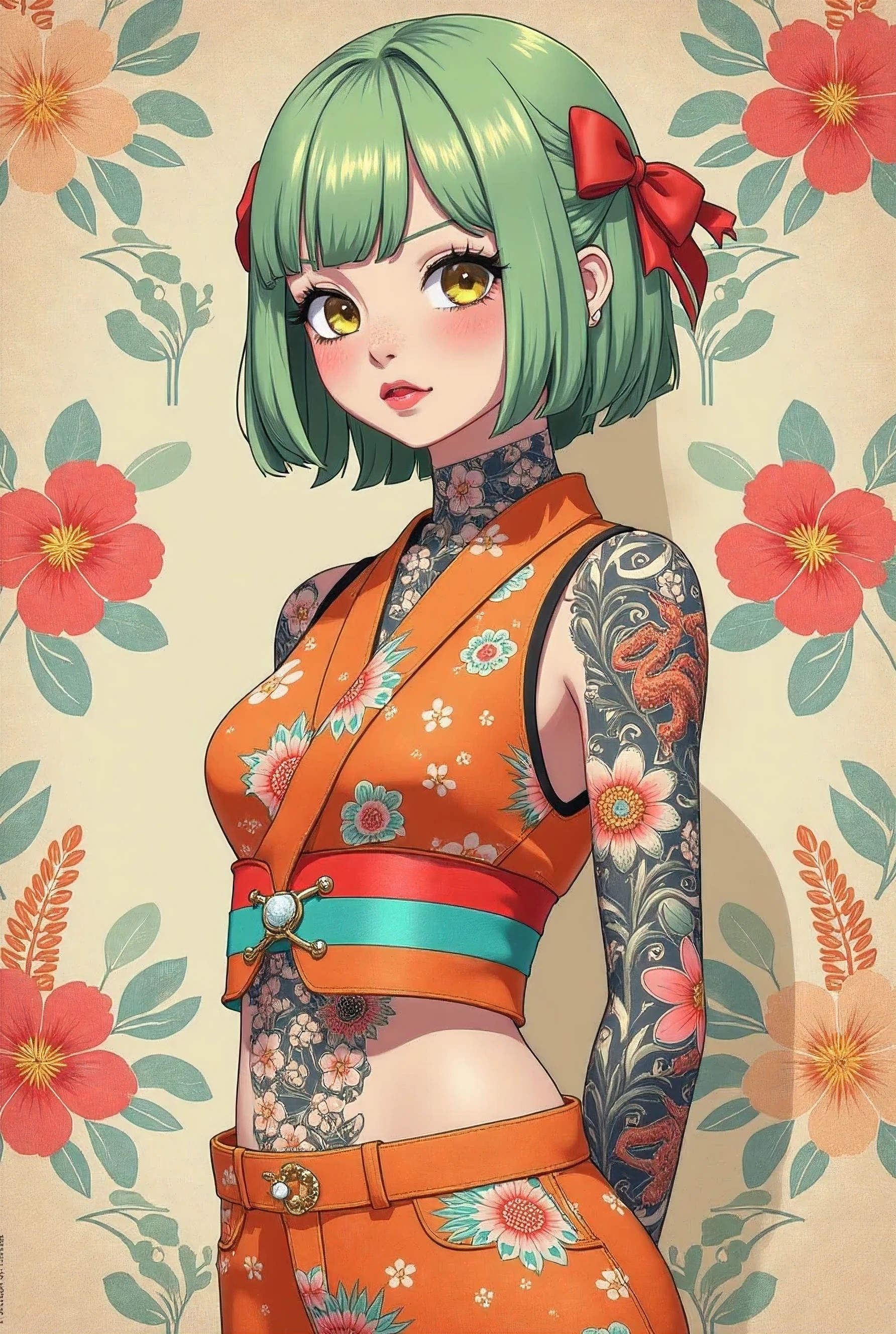 A mesmerizing surreal illustration of a young japanese woman. She has pastel green hair with blunt bangs, yellow eyes, and wears a vibrant pastel colored outfit adorned with intricate floral patterns. Freckles dot her smooth, warm complexion, and bold, colorful tattoos cover her arms and legs. The tattoos feature traditional Japanese motifs like flowers and mythical creatures, rendered with meticulous detail in a pastel color palette. The background is a vintage floral-patterned wallpaper that complements the artwork's colors. The line work is precise, with delicate shading that gives the illustration a 3D quality. The artwork fuses modern illustration techniques with traditional Japanese aesthetics, resulting in a visually striking, portrait, arms behind back, 
