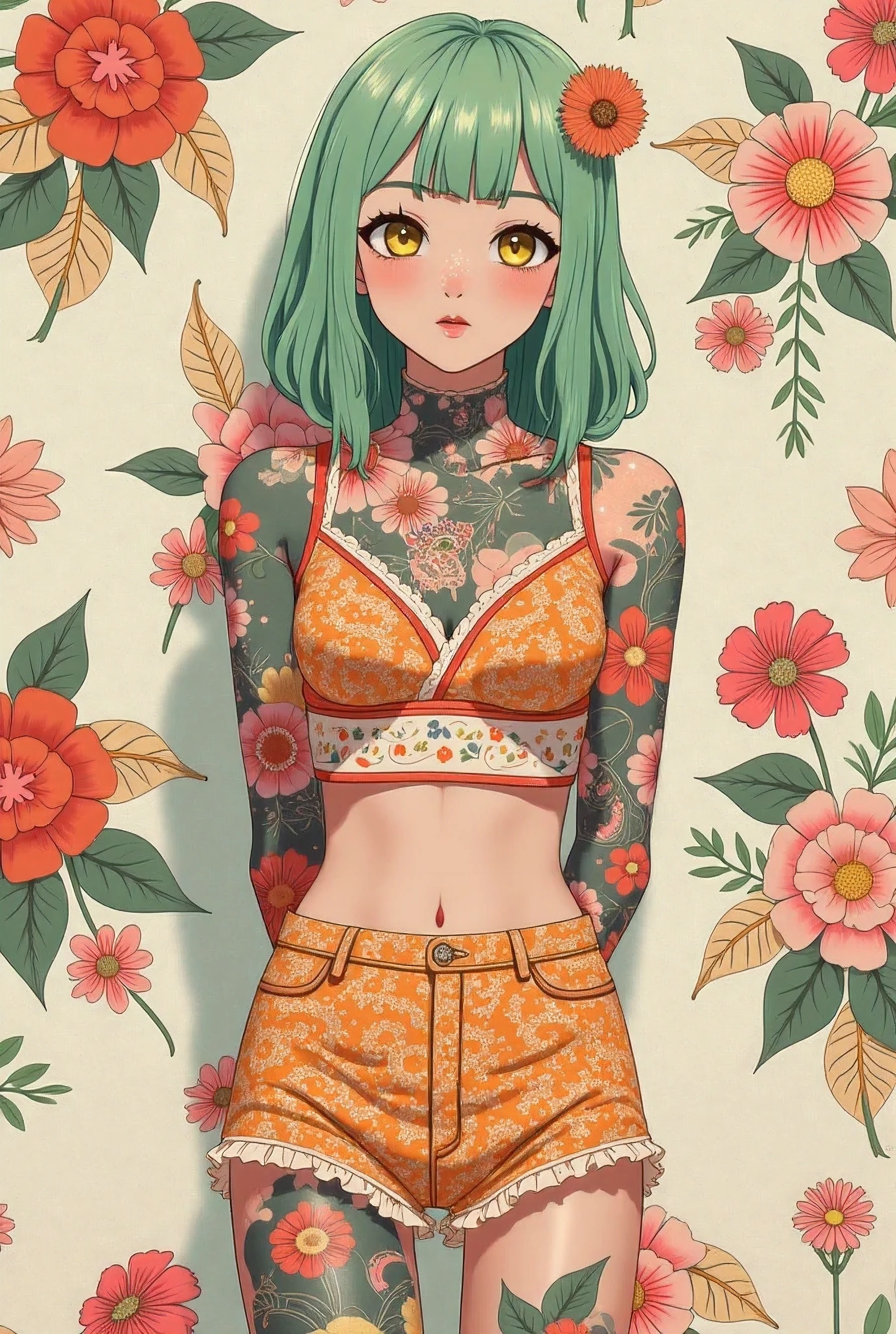 A mesmerizing surreal illustration of a young japanese woman. She has pastel green hair with blunt bangs, yellow eyes, and wears a vibrant pastel colored outfit adorned with intricate floral patterns. Freckles dot her smooth, warm complexion, and bold, colorful tattoos cover her arms and legs. The tattoos feature traditional Japanese motifs like flowers and mythical creatures, rendered with meticulous detail in a pastel color palette. The background is a vintage floral-patterned wallpaper that complements the artwork's colors. The line work is precise, with delicate shading that gives the illustration a 3D quality. The artwork fuses modern illustration techniques with traditional Japanese aesthetics, resulting in a visually striking, portrait, arms behind back, 
