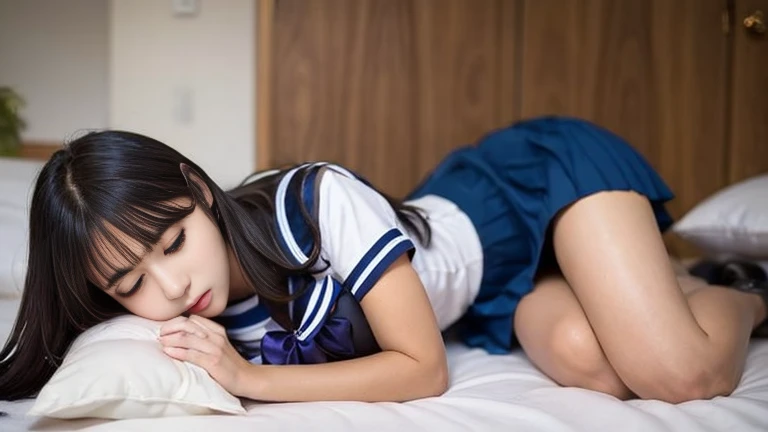 1girl,school girl wearing sailor uniform  , MASTURBATING WITH pillow, on bed, pussy juice, side lying