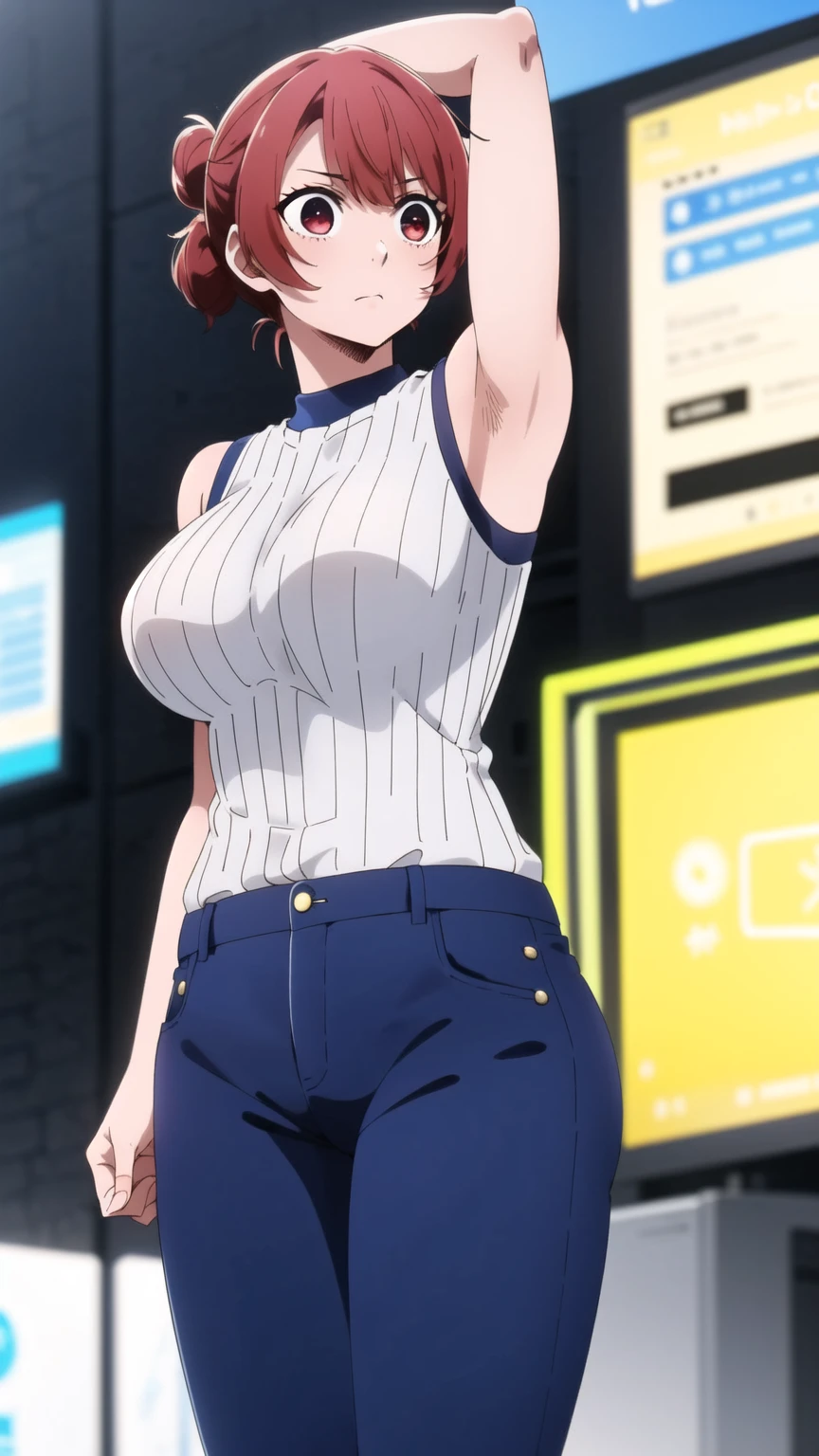 ((masterpiece)), ((Best Quality)), starter, One Girl, medium chest, short_hair, red_hair, red_eye, Alone_concentrate, indoor, 、 perfect body、 cowboy shot 、Score_9,Score_8_up,Score_7_up,One Girl,red hair,red eyes,short hair,Alone,Large Breasts,Ribbed knit sweater,jeans, turn your hands back ,View your audience,Surprised、 sleeveless、Armpit