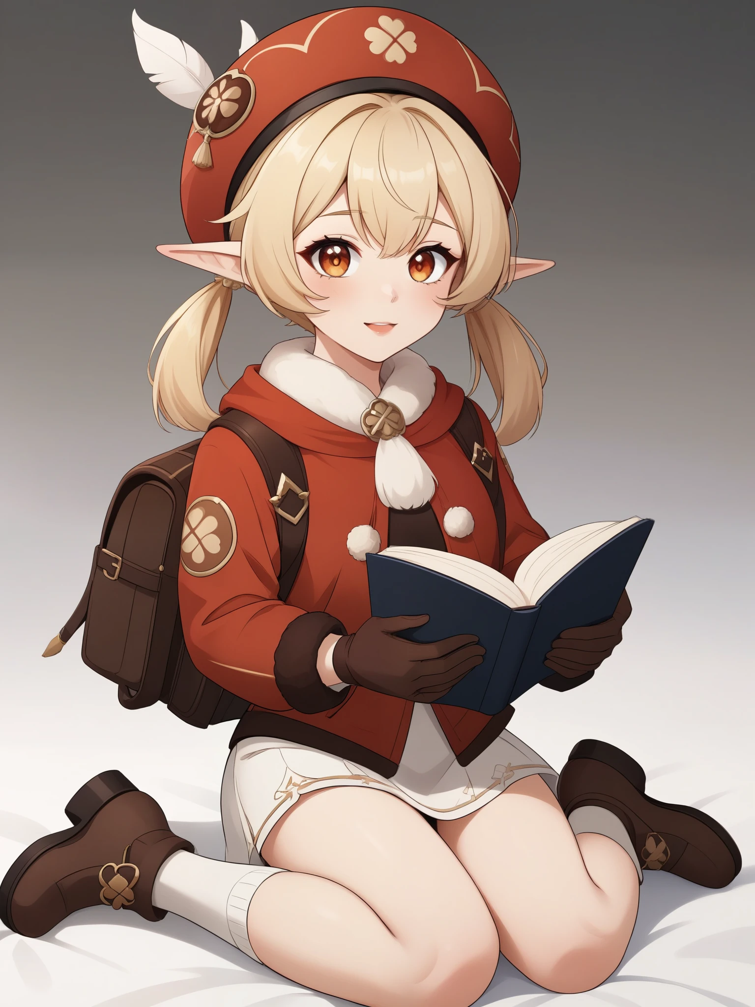 Klee. Genshin Impact. Age: she is ten years old. 
Appearance: pale skin, orange eyes, blonde hair in pigtails, and elf ears. 
Clothing: a red flat hat with a feather on top, light brown gloves, a fluffy scarf with a pompom, a dark reading backpack, a red coat with a black top and a white symbol on it - a golden clover, a white skirt, short fluffy trousers and brown shoes with clover.