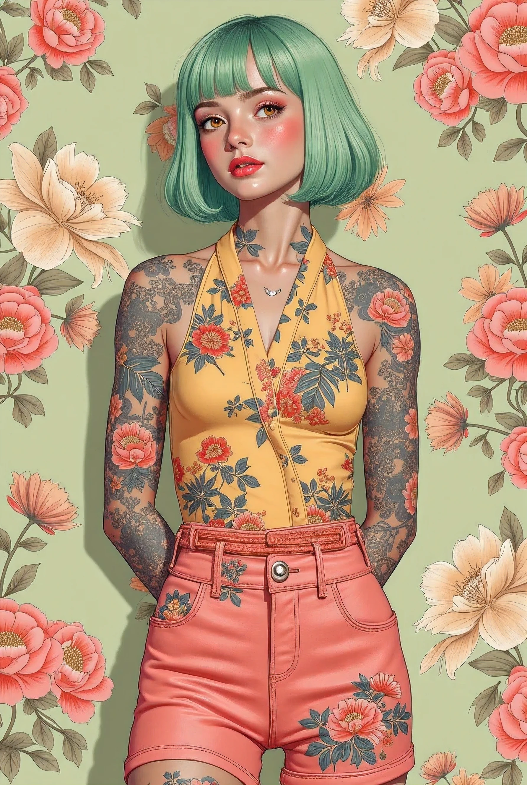 A mesmerizing surreal illustration of a young japanese woman. She has pastel green hair with blunt bangs, yellow eyes, and wears a vibrant pastel colored outfit adorned with intricate floral patterns. Freckles dot her smooth, warm complexion, and bold, colorful tattoos cover her arms and legs. The tattoos feature traditional Japanese motifs like flowers and mythical creatures, rendered with meticulous detail in a pastel color palette. The background is a vintage floral-patterned wallpaper that complements the artwork's colors. The line work is precise, with delicate shading that gives the illustration a 3D quality. The artwork fuses modern illustration techniques with traditional Japanese aesthetics, resulting in a visually striking, portrait, arms behind back, 
