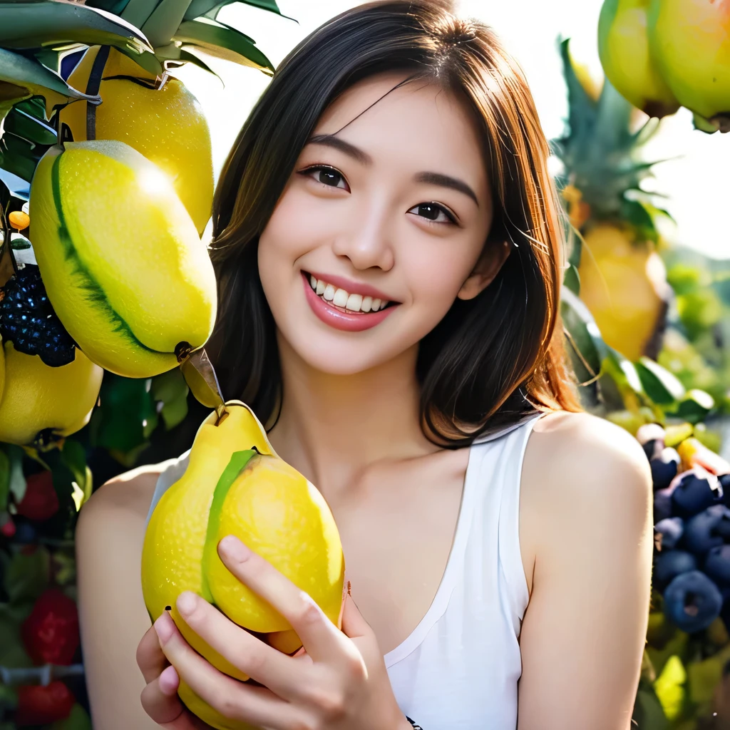 ((of the highest quality, 8K, masutepiece: 1.3)), Sharp Focus: 1.2, Beautiful woman with perfect body: 1.4, Slim abdomen: 1.2, ((,Super huge: 1.2)), Sleeveless, Market with lots of colorful fruits from abroad, Highly detailed face and skin and armpit textures, Detailed eyes,Sexy, Cute smile、Armpit、They're about to undress、waved hair、Dynamic Pose