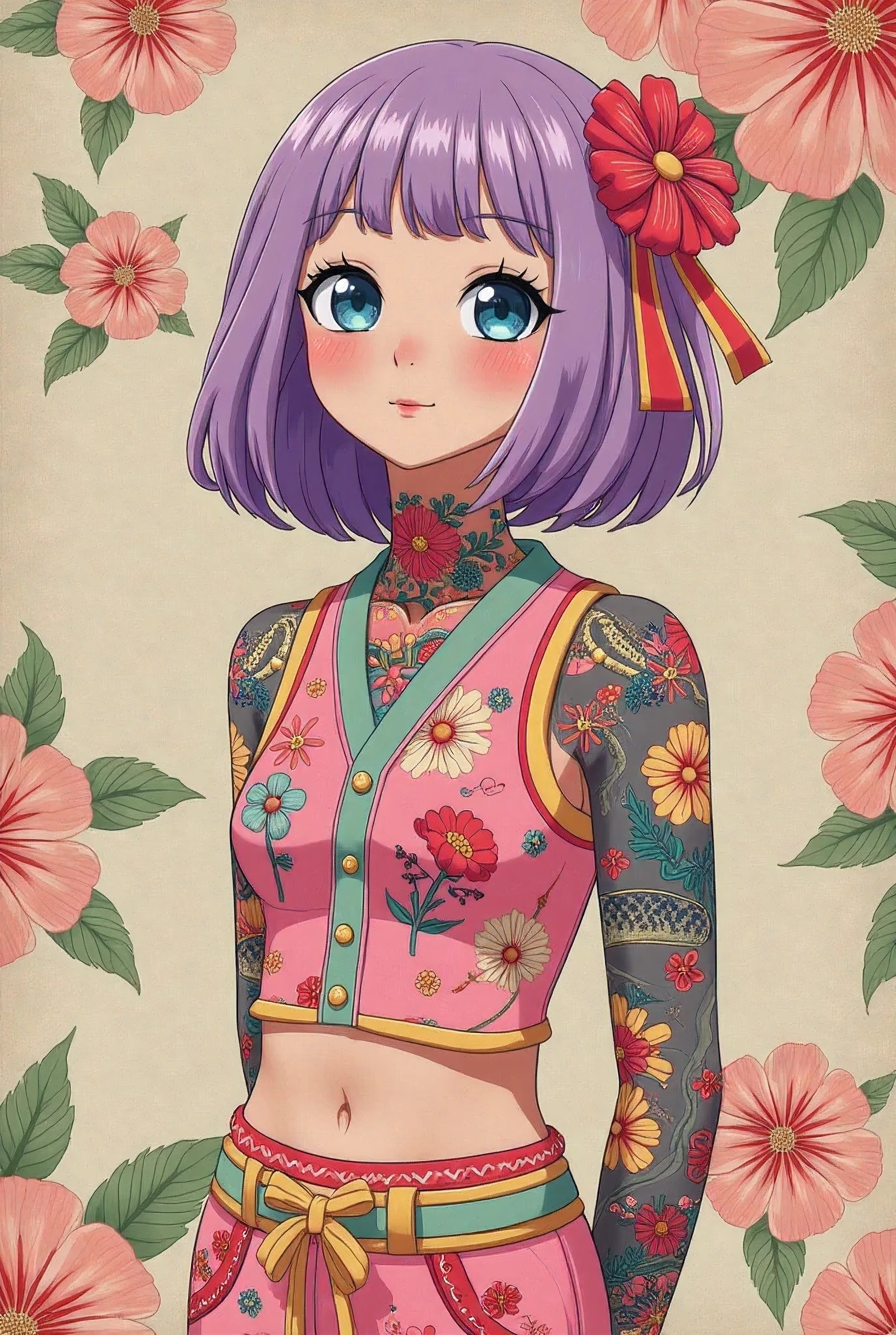 A mesmerizing surreal illustration of a young japanese woman. She has pastel purple hair with blunt bangs, blue eyes, and wears a vibrant pastel colored outfit adorned with intricate floral patterns. Freckles dot her smooth, warm complexion, and bold, colorful tattoos cover her arms and legs. The tattoos feature traditional Japanese motifs like flowers and mythical creatures, rendered with meticulous detail in a pastel color palette. The background is a vintage floral-patterned wallpaper that complements the artwork's colors. The line work is precise, with delicate shading that gives the illustration a 3D quality. The artwork fuses modern illustration techniques with traditional Japanese aesthetics, resulting in a visually striking, portrait, arms behind back, 
