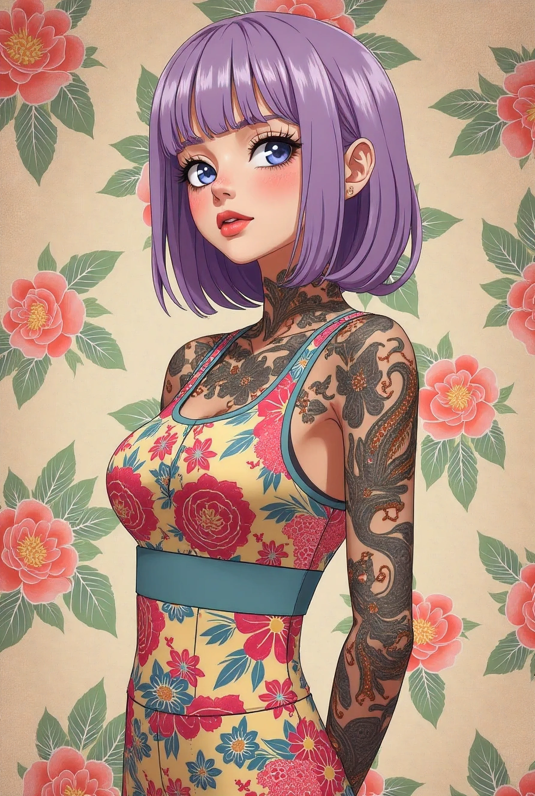 A mesmerizing surreal illustration of a young japanese woman. She has pastel purple hair with blunt bangs, blue eyes, and wears a vibrant pastel colored outfit adorned with intricate floral patterns. Freckles dot her smooth, warm complexion, and bold, colorful tattoos cover her arms and legs. The tattoos feature traditional Japanese motifs like flowers and mythical creatures, rendered with meticulous detail in a pastel color palette. The background is a vintage floral-patterned wallpaper that complements the artwork's colors. The line work is precise, with delicate shading that gives the illustration a 3D quality. The artwork fuses modern illustration techniques with traditional Japanese aesthetics, resulting in a visually striking, portrait, arms behind back, 
