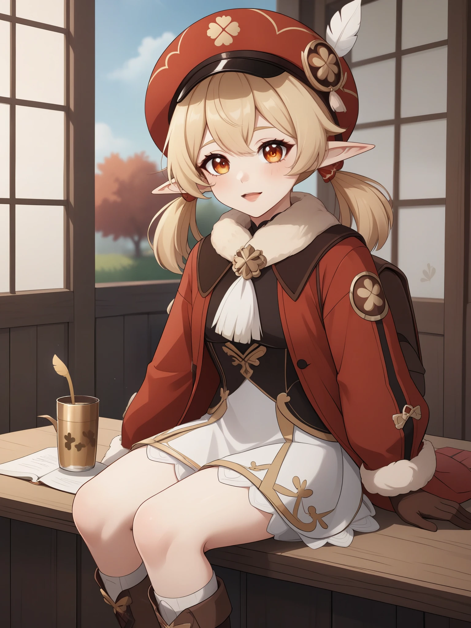 Klee. Genshin Impact. Age: she is . 
Appearance: pale skin, orange eyes, blonde hair in pigtails, and elf ears. 
Clothing: a red flat hat with a feather on top, light brown gloves, a fluffy scarf with a pompom, a dark reading backpack, a red coat with a black top and a white symbol on it - a golden clover, a white skirt, short fluffy trousers and brown shoes with clover.