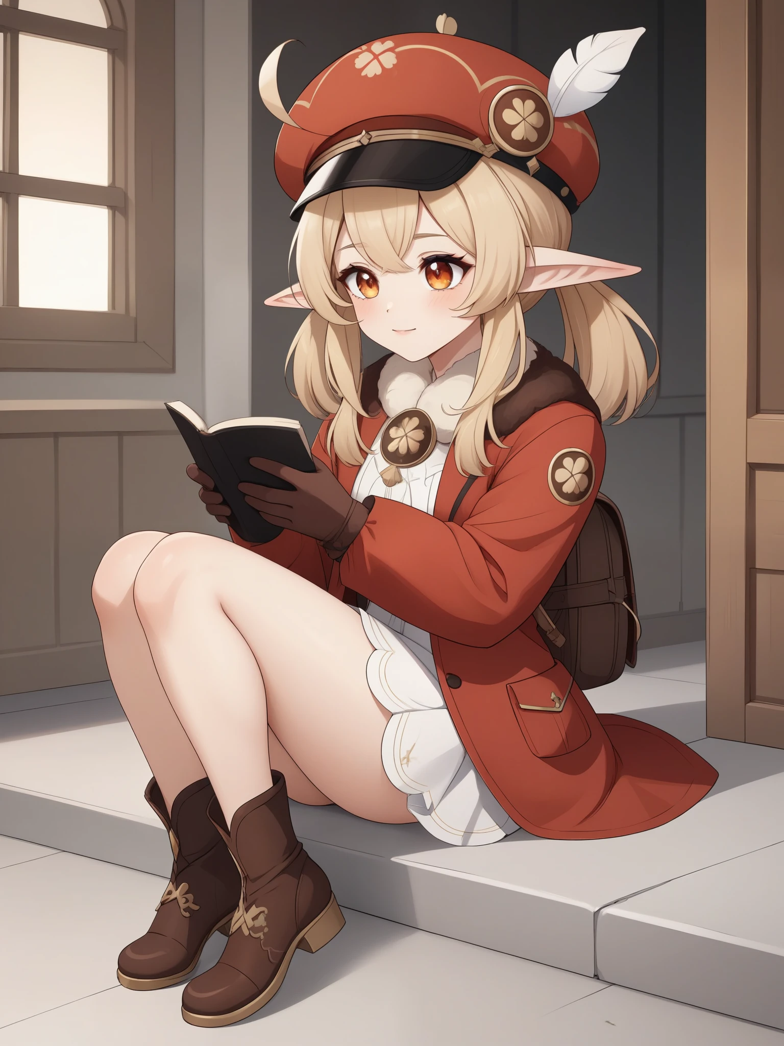 Klee. Genshin Impact. Age: she is ten years old. 
Appearance: pale skin, orange eyes, blonde hair in pigtails, and elf ears. 
Clothing: a red flat hat with a feather on top, light brown gloves, a fluffy scarf with a pompom, a dark reading backpack, a red coat with a black top and a white symbol on it - a golden clover, a white skirt, short fluffy trousers and brown shoes with clover.