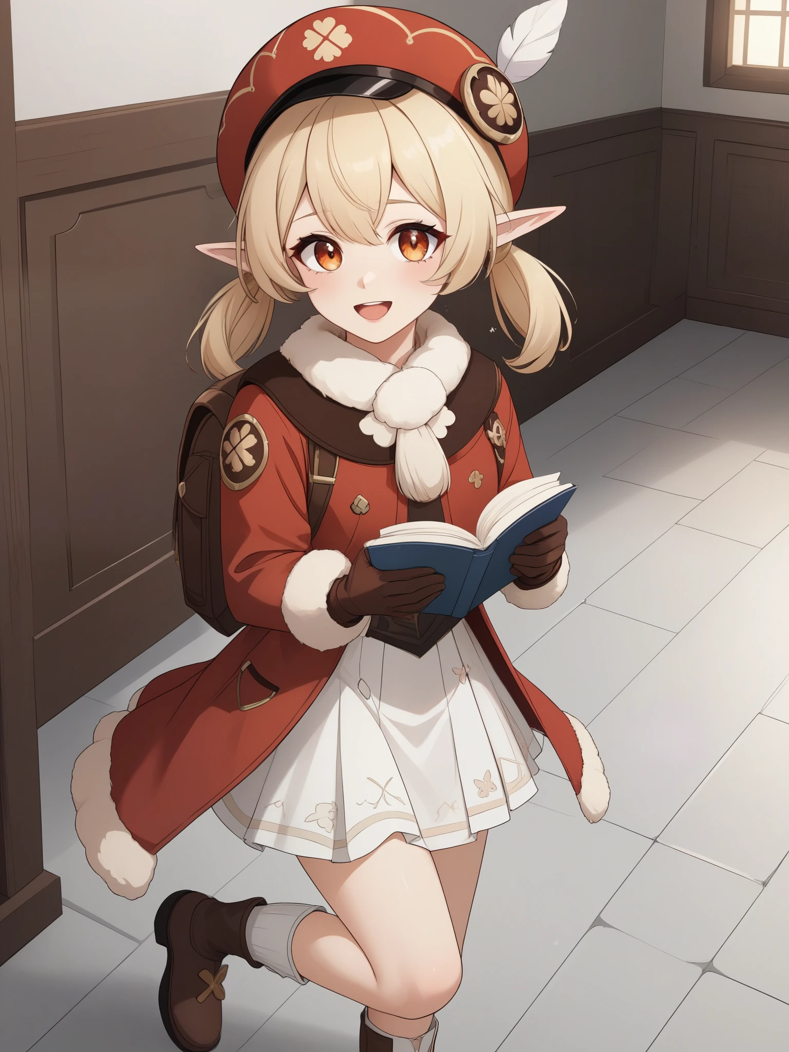 Klee. Genshin Impact. Age: she is ten years old. 
Appearance: pale skin, orange eyes, blonde hair in pigtails, and elf ears. 
Clothing: a red flat hat with a feather on top, light brown gloves, a fluffy scarf with a pompom, a dark reading backpack, a red coat with a black top and a white symbol on it - a golden clover, a white skirt, short fluffy trousers and brown shoes with clover.