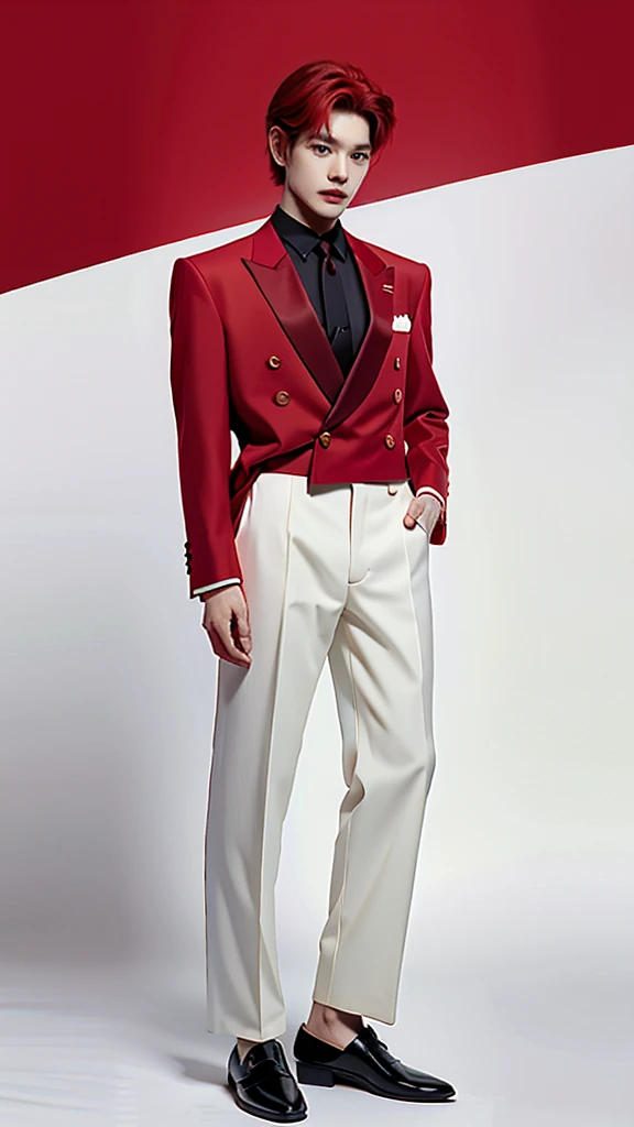 Full Body Photo 、 8K HD High Quality Image 、 Studio Background 、 Handsome 、 Natural Face, Accurate 、Korean man 、 1 Taeyong from NCT U 、White skin 、 Red hair 、FULL red tuxedo set 、black shoes 、Standing in a Full Height from Head to toe 、Cool Korean man haircut 、Holding a rose 、NO MAKE UP 、Red FACE MASK 、Red fedora 、Red tuxedo pants 、Black necktie 、Round Eyeglasses