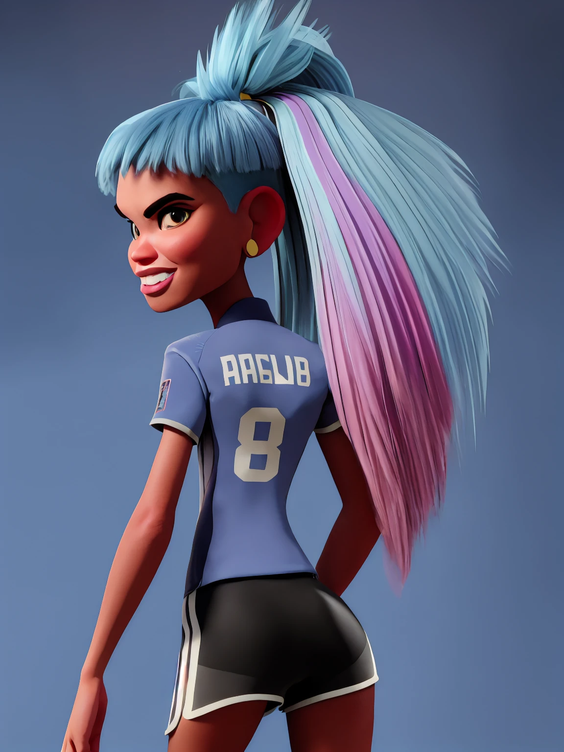 grewod,long hair,earrings,ponytail,multicolored hair, blue shirt,shorts,sportswear,brown eyes,8, standing, science fiction,morning,field,serious, (insanely detailed, beautiful detailed face,beautiful detailed eyes, masterpiece, best quality) 1girl, booty, butt, backside, showing her butt, naughty Face, Cute smile, Lip Bite, Staring at Viewer, butt Shaking, blue Background