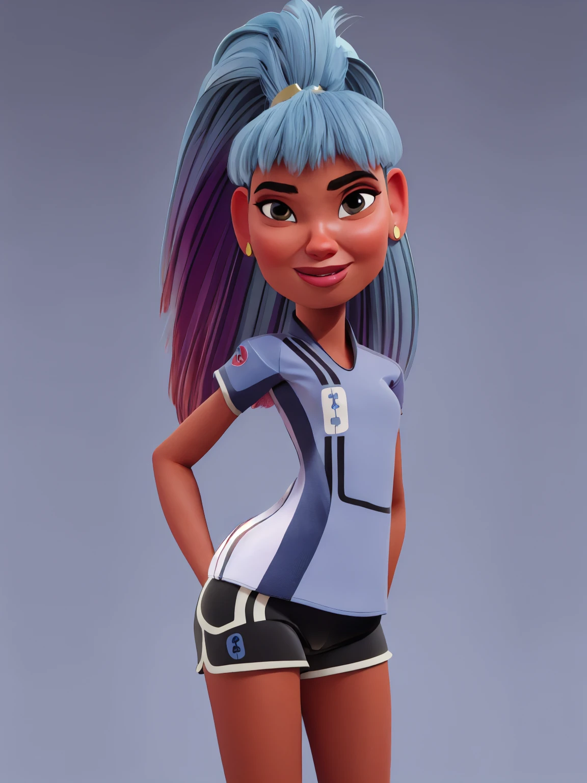 grewod,long hair,earrings,ponytail,multicolored hair, blue shirt,shorts,sportswear,brown eyes,8, standing, science fiction,morning,field,serious, (insanely detailed, beautiful detailed face,beautiful detailed eyes, masterpiece, best quality) 1girl, booty, butt, backside, showing her butt, naughty Face, Cute smile, Lip Bite, Staring at Viewer, butt Shaking, blue Background