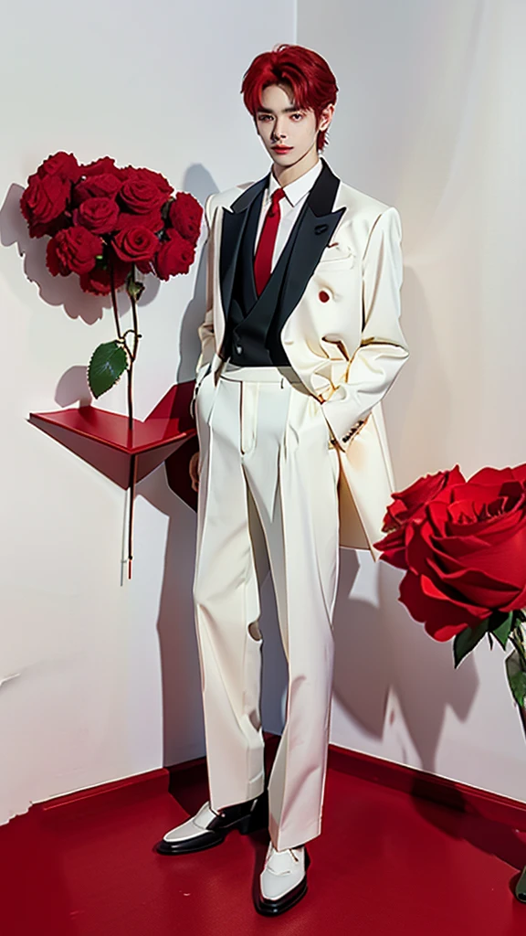 Full Body Photo 、 8K HD High Quality Image 、 Studio Background 、 Handsome 、 Natural Face, Accurate 、Korean man 、 1 Taeyong from NCT U 、White skin 、 Red hair 、FULL red tuxedo set 、black shoes 、Standing in a Full Height from Head to toe 、Cool Korean man haircut 、Holding a rose 、NO MAKE UP 、Red FACE MASK 、Red fedora 、Red tuxedo pants 、Black necktie 、Round Eyeglasses