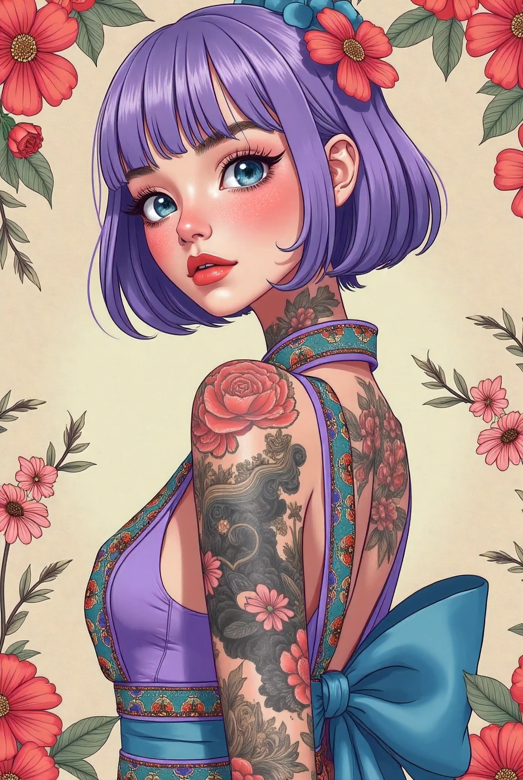 A mesmerizing surreal illustration of a young japanese woman. She has pastel purple hair with blunt bangs, blue eyes, and wears a vibrant purple and blue pastel colored outfit adorned with intricate floral patterns. Freckles dot her smooth, warm complexion, and bold, colorful tattoos cover her arms and legs. The tattoos feature traditional Japanese motifs like flowers and mythical creatures, rendered with meticulous detail in a pastel color palette. The background is a vintage floral-patterned wallpaper that complements the artwork's colors. The line work is precise, with delicate shading that gives the illustration a 3D quality. The artwork fuses modern illustration techniques with traditional Japanese aesthetics, resulting in a visually striking, portrait, arms behind back, 
