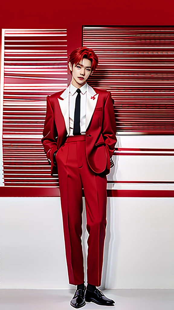 Full Body Photo 、 8K HD High Quality Image 、 Studio Background 、 Handsome 、 Natural Face, Accurate 、Korean man 、 1 Taeyong from NCT U 、White skin 、 Red hair 、FULL red tuxedo set 、black shoes 、Standing in a Full Height from Head to toe 、Cool Korean man haircut 、Holding a rose 、NO MAKE UP 、Red FACE MASK 、Red fedora 、Red tuxedo pants 、Black necktie 、Round Eyeglasses