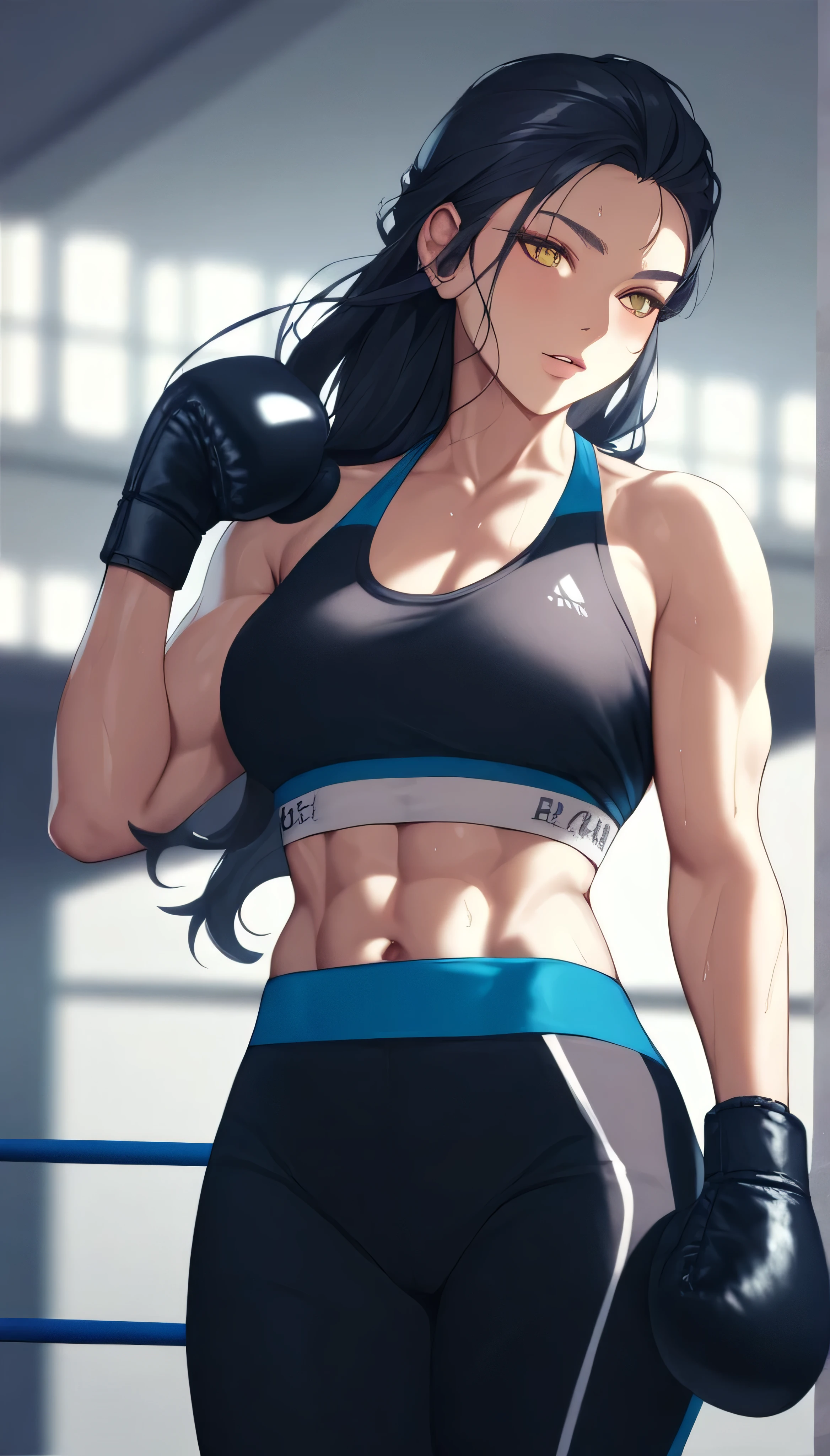 black hair,masterpiece,best quality,highres,ultra-detailed,aashizue,yellow eyes,long hair,(sports bra:1.2), boxing gloves,toned, muscular,sweating, (sleeveless:1.4),cowboy shot,