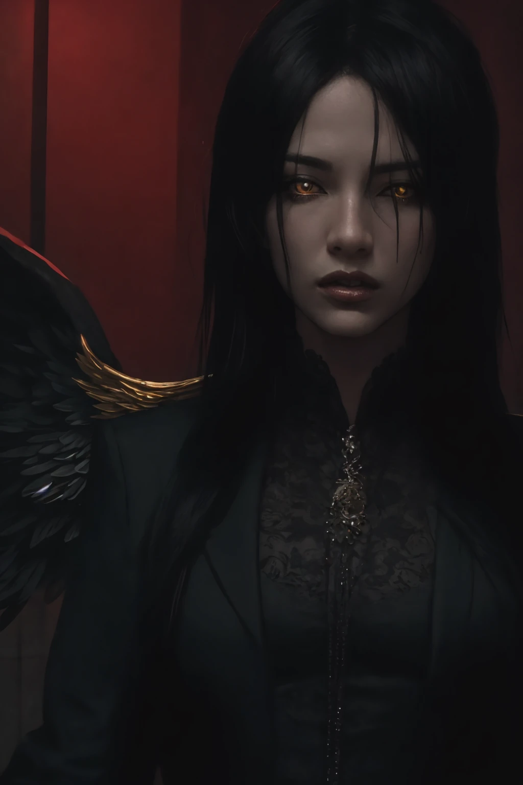 (masterpiece, best quality, ultra-detailed:1.2), anime style, post-apocalyptic atmosphere, illustration, dramatic lighting, red sky, cinematic, a man, a fallen angel, black wings, not so long black hair, eyes with yellow pupils with (black sclera), wearing a suit, on his forehead a diadem, the mark of a tattoo goes down from his right cheek to his neck, the expression is cold, deep and enigmatic, teeth clenched, whole body