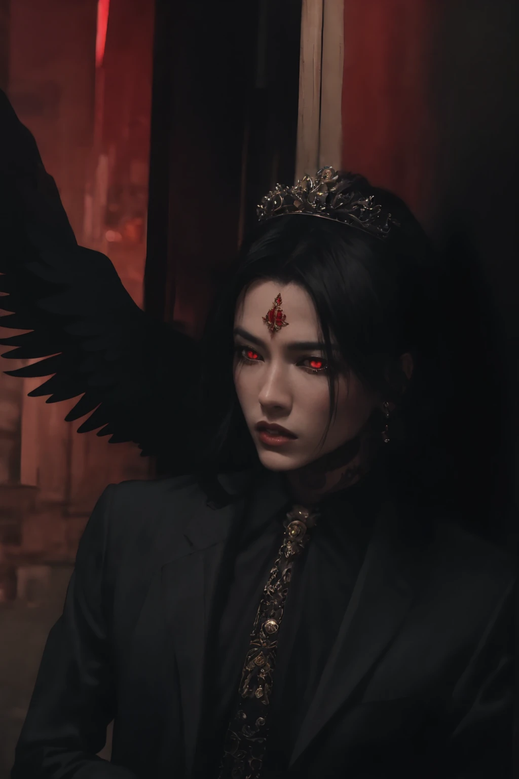 (masterpiece, best quality, ultra-detailed:1.2), anime style, post-apocalyptic atmosphere, illustration, dramatic lighting, red sky, cinematic, a man, a fallen angel, black wings, not so long black hair, eyes with yellow pupils with (black sclera), wearing a suit, on his forehead a diadem, the mark of a tattoo goes down from his right cheek to his neck, the expression is cold, deep and enigmatic, teeth clenched, whole body