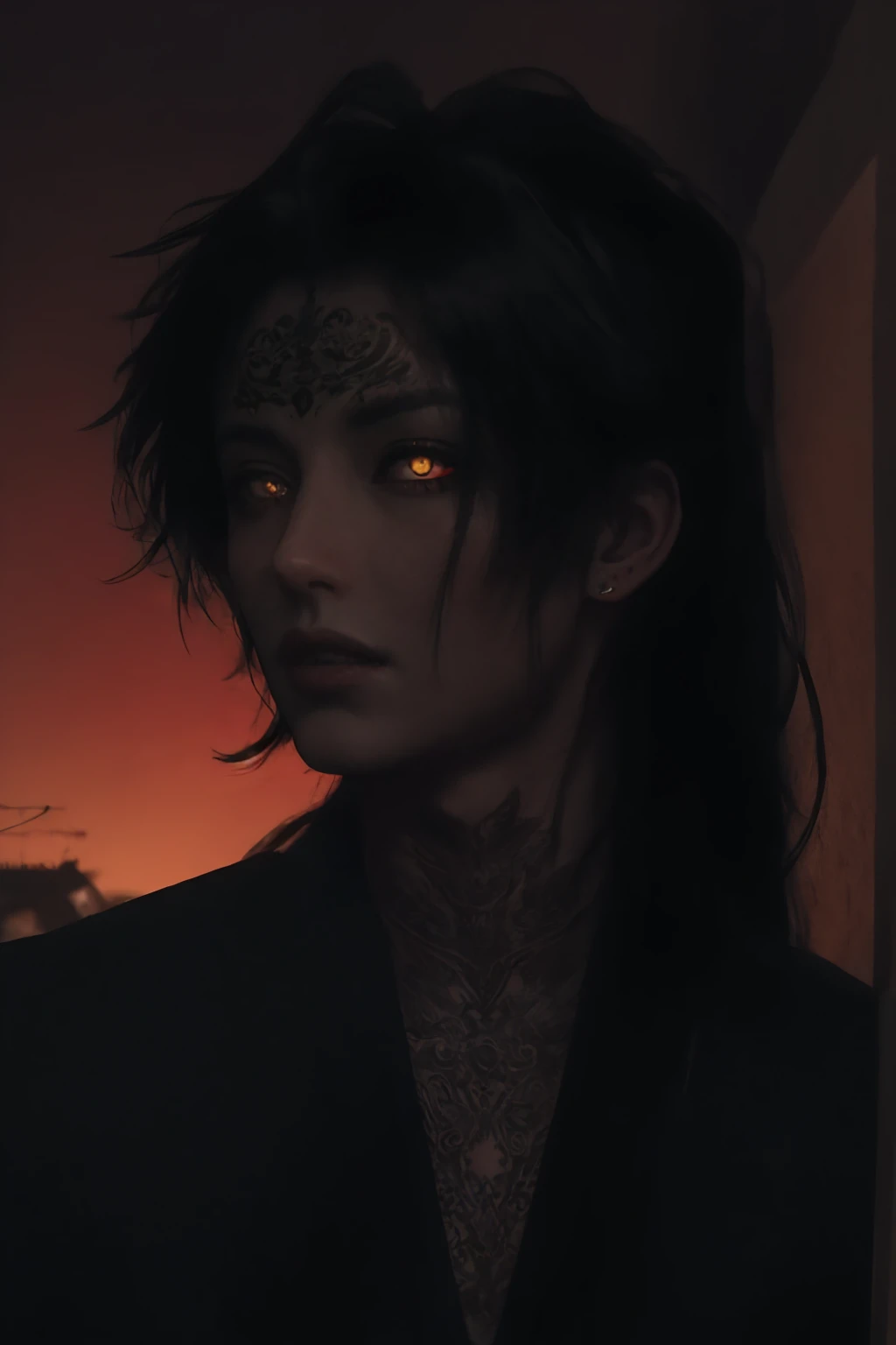 (masterpiece, best quality, ultra-detailed:1.2), anime style, post-apocalyptic atmosphere, illustration, dramatic lighting, red sky, cinematic, a man, a fallen angel, black wings, not so long black hair, eyes with yellow pupils with (black sclera), wearing a suit, on his forehead a diadem, the mark of a tattoo goes down from his right cheek to his neck, the expression is cold, deep and enigmatic, teeth clenched, whole body