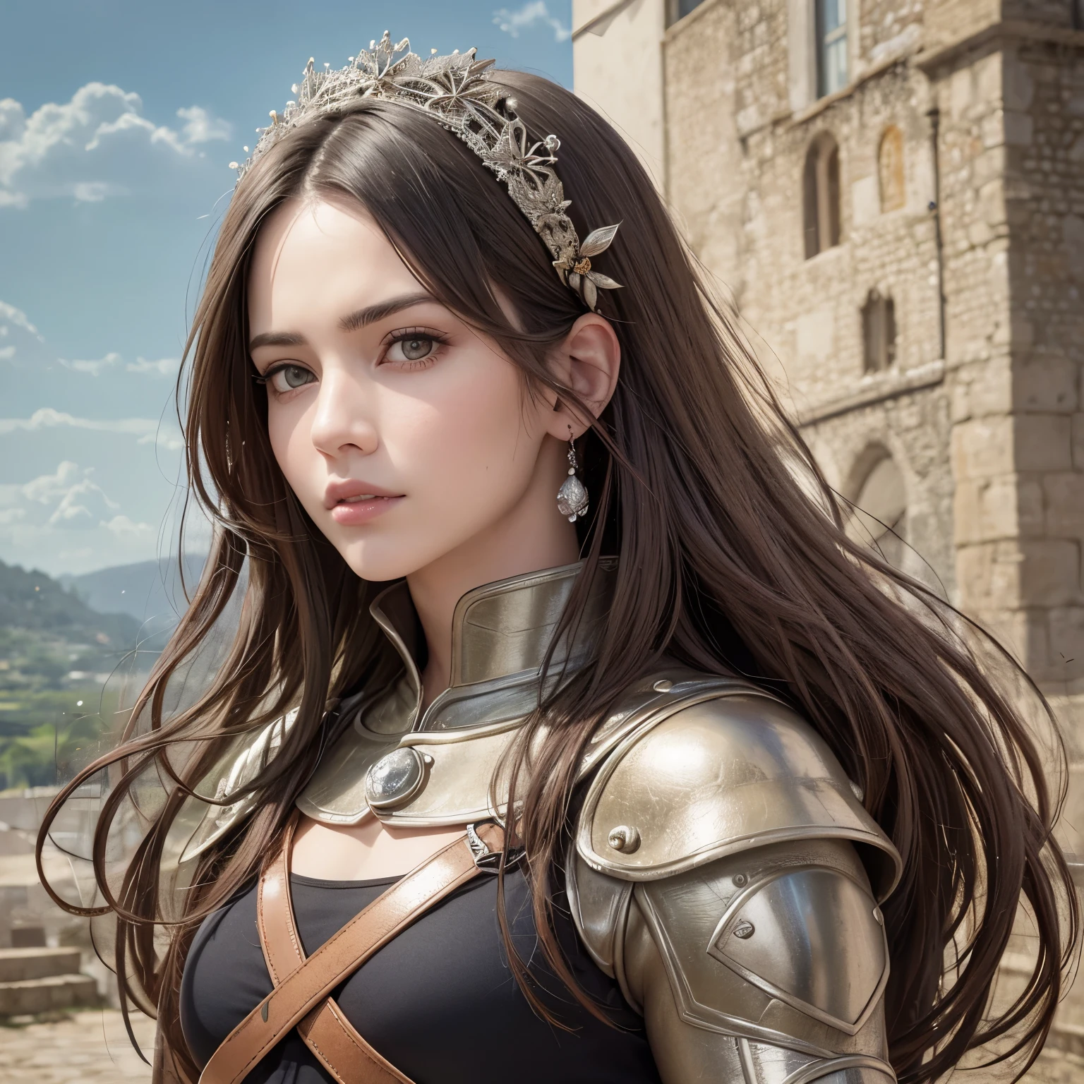 best quality, masterpiece, ultra high res, portrait, (photorealistic: 1.4), raw photo, full body, 1girl, short red hair, realistic hair, detailed facial textures, girl, medieval, light armor, wood detail (archer), short red hair, (cabelo ultra realista), (ultra realistic eyes), (beautiful face) super detailed, beautiful eyes, pretty mouth, (big breasts), perfect breasts, detailed breasts, green details, (thin), (long branch), few freckles, chainmail, (small bow and arrow), ((naughty face))