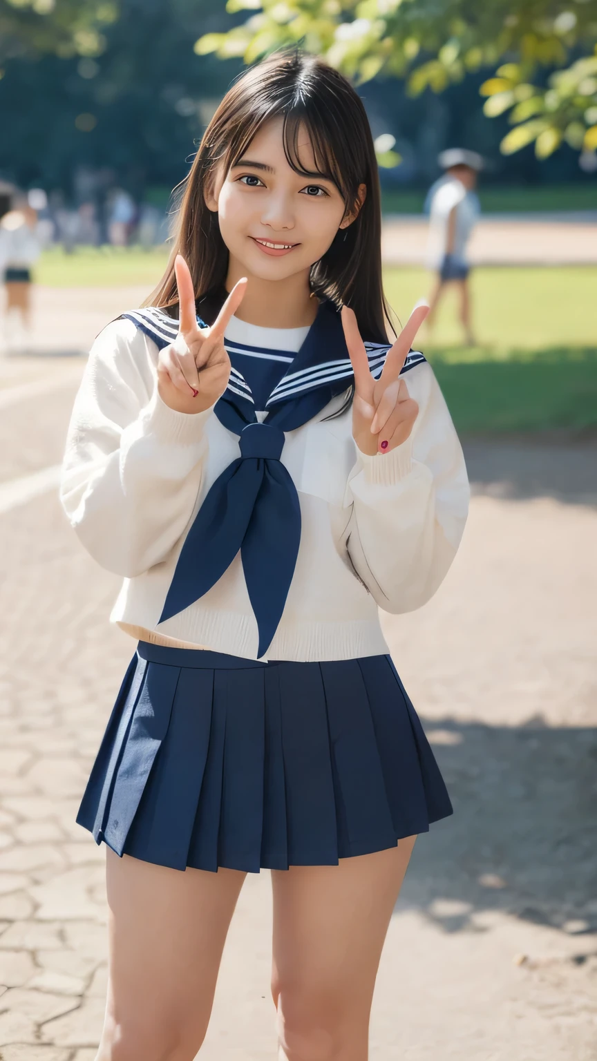 (((Full Body Shot、Front View、Moderate thighs、White over the knee socks、Photo shoot in the park、Making a peace sign with both hands, navy blue pleated skirt（15cm inseam ）,)))、16K quality, beautiful, 1 beautiful girl,Japanese,super beautiful face,baby face,Japanese idol face,Cute face,Highly detailed face,,beautiful skin,Oily skin,Big Eyes, professional lighting,Long Hair,Black Hair,brown beautiful eyes, Big smile,Standing,Summer sailor uniform、Indigo Stole、Indigo Pleated Skirt、Looking into the camera、Show both ears