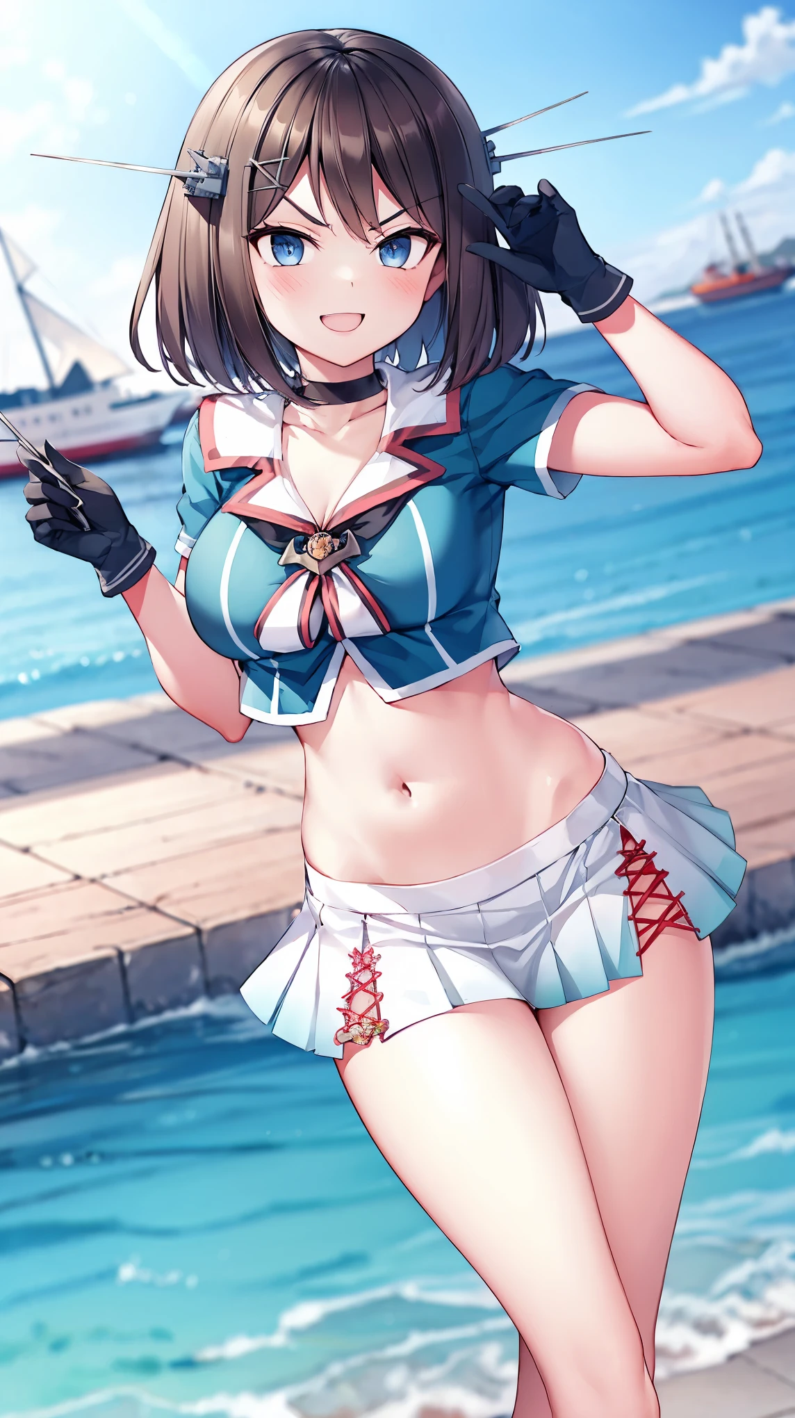 best quality, integrated scenery, integrated background, extremely delicate and beautiful, meticulous details, good composition, , cute face, perfect face, perfect hands,an anime style  ,1young_teen_ girl, brown_hair, medium_bob_hair, blue_midriff_baring_sailor_uniform, mini_skirt, short_sleeve, thighs, large_breasts, (angry_eyebrows:0.8),big_smile,standing,open_legs,large_eyes, harbor_background, slightly_spread_legs, happiness, short_gloves,headgear,(abs:0.7)