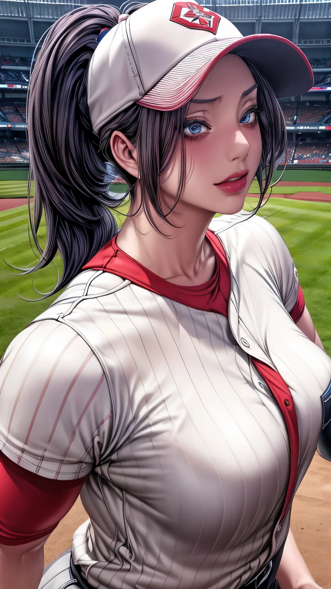 tmasterpiece， highly  detailed， best qualtiy， Ultra-high resolution， 1girll， solo，（Hinata flower proportions：1），Long hair hanging low, Hair Band, Hana's purple eyes, pony tails, Beautiful, Beautiful woman, Perfect body, perfect breastm, Wearing a white baseball shirt, Wearing a baseball cap, On the baseball field, holding a Baseball Bat, view the viewer, Slight smile, Realism, Masterpiece, Textured skin, Super detail, High detail, High quality, Best quality, 1080P, 16k，Big，Be red in the face，Blushlush，perspire，Sweat profusely，There are a lot of water droplets on the face，