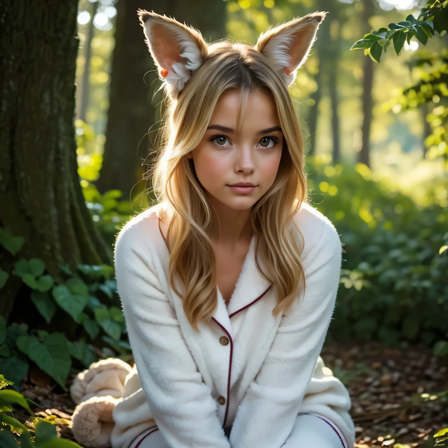 A professional high-quality photo, in 4K resolution, captures in realistic detail a charming girl in a fluffy white pajama with ears and foxtail. She is sitting in the middle of an enchanted forest, where every element is portrayed to perfection. The textures of the pajamas, ears and tail are sharp and palpable. Sunlight falls on the leaves and gently illuminates the girl's face, highlighting each delicate and charming expression  