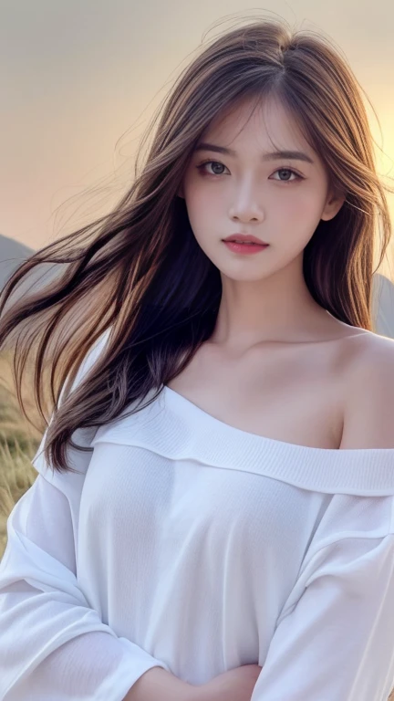 (((best quality))),(((ultra detailed))),(((masterpiece))),illustration,((1 beautiful girl,solo)),((slim,thin,flat chest)),(shoulder length straight bob hair:1.2),flowing hair,fair skin,(shiny skin:1.3),detailed eyes,laughing,(shirt-dress:1.3),delicate necklace,grass,dewdropletts,trees,bird chirping,serenity,gratitude,awe,wonders of nature,peace,contentment,magnificent world,summer,(pitch-dark dawn:1.5),(night scene:1.3),((upper body,from front)),after rain,(wet:1.3),standing,on the path,At the mountaintop,confident gaze,elegant posture,mysterious atmosphere,solemn mood,dawn approaching,detailed decorations,(sunrise:1.3),(cloudy sky:1.2),rainbow,(Rural Landscape:1.2),horizon,