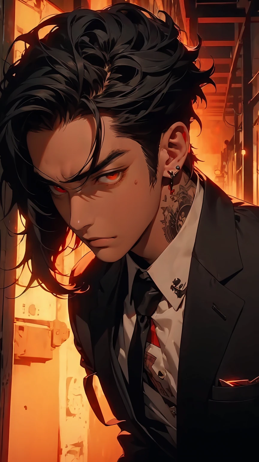 (masterpiece, best quality, ultra-detailed:1.2), anime style, post-apocalyptic atmosphere, illustration, dramatic lighting, red sky, cinematic, a man, a fallen angel, black wings, not so long black hair, eyes with yellow pupils with (black sclera), wearing a suit, on his forehead a diadem, the mark of a tattoo goes down from his right cheek to his neck, the expression is cold, deep and enigmatic, teeth clenched, whole body