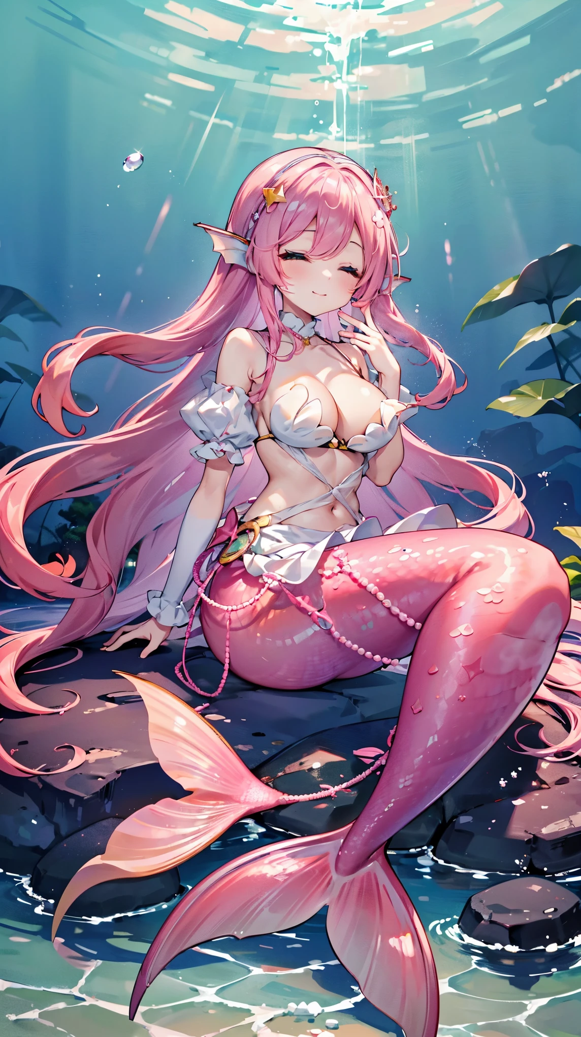 (masterpiece,  best quality),(Full fingers),A girl,Pink Hair,Hair accessories, white dress,Head fin,Solitary,Big breasts,Mermaid,粉色的Mermaid尾巴,Full body photo,(Underwater:1.2),seabed,charming face(Kawaii, charming,Soft),Smile,With eyes closed,Sitting on the rock